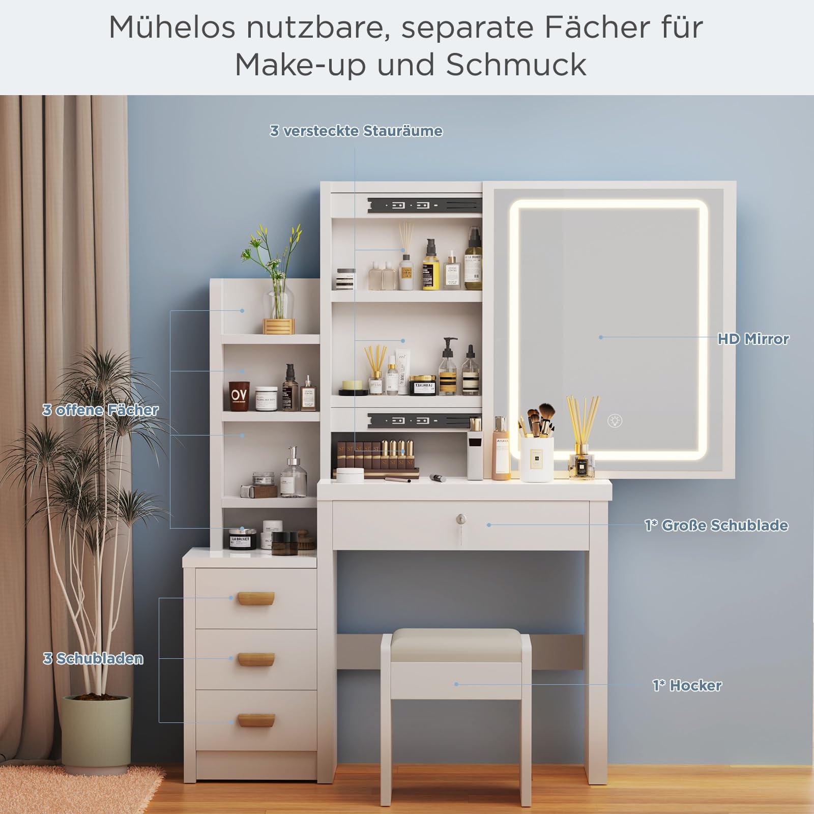 Tavolo Da Toeletta Con Specchio E Illuminazione, Tavolo Da Trucco Con 4 Cassetti, Ripiani Aperti Per Camera Da Letto, Set Da Toeletta Con Luci E Sgabelli, 3 Ripiani Nascosti 135 * 80 * 36