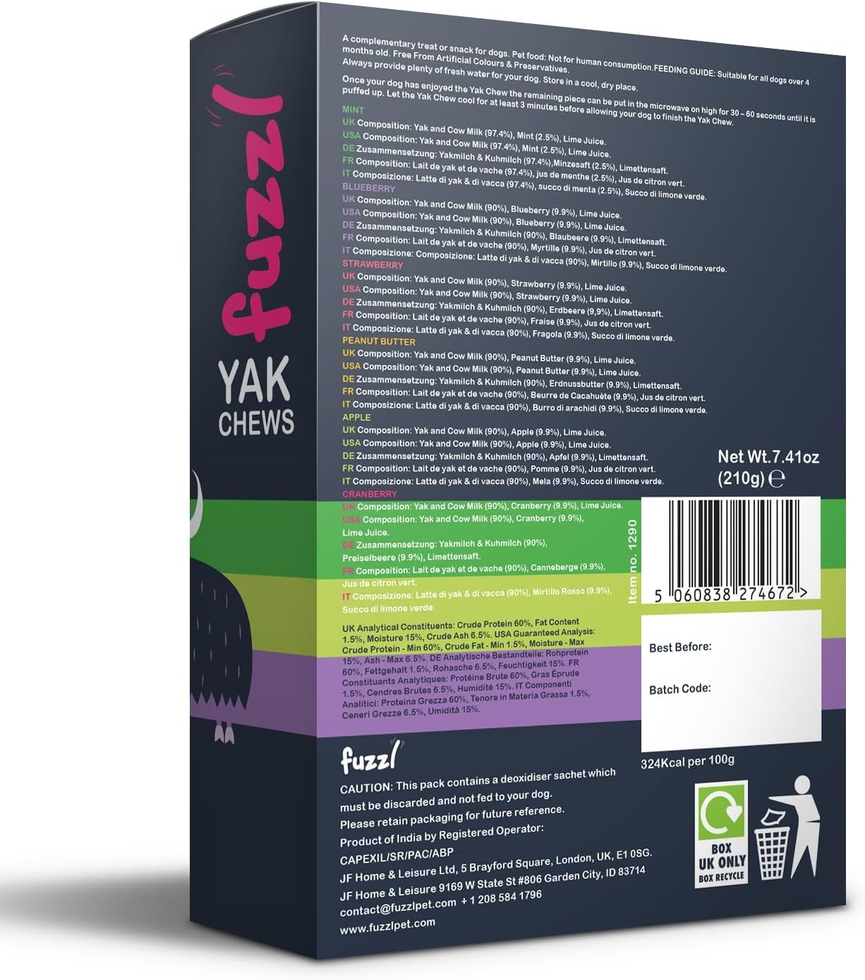 Fuzzl – Pack of 6 Small Mixed Flavour Yak Chews for Dogs Blueberry, Strawberry, Cranberry, Mint, Apple, Peanut Butter | Natural Himalayan Cheese Treats Long-Lasting Dental Chews for Small Breeds