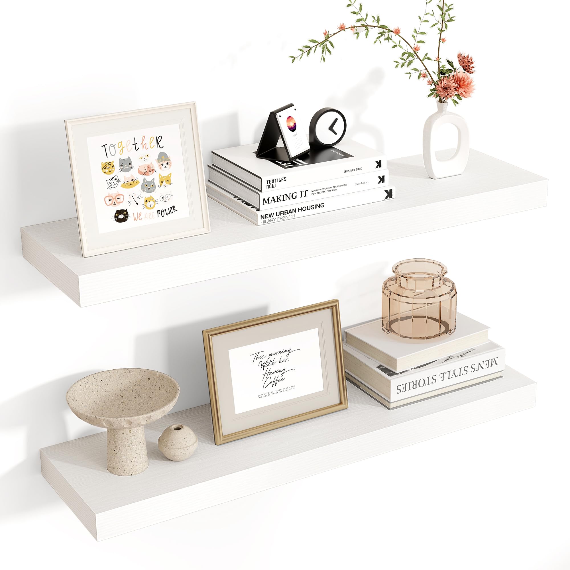 floating shelves for wall, 2 large wall mounted shelves with invisible brackets, long wood floating wall shelf shelves for living room, bedroom, kitchen decor (white, 24" w x 6.7" d x 1.4" h)