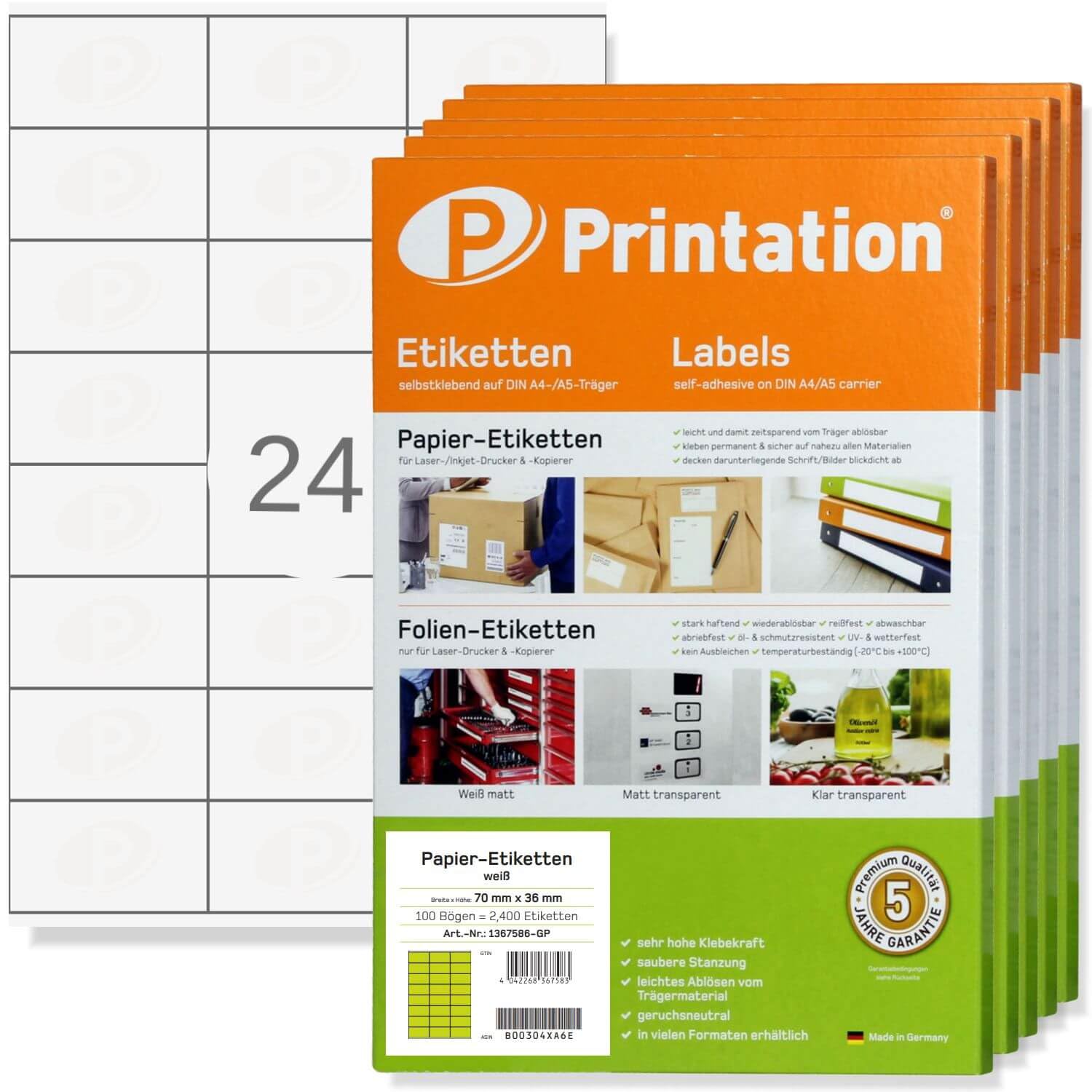 Printation Etiketten 12000 Stk. 70 x 36 mm Internetmarke weiß - 70x36 Aufkleber selbstklebend zum bedrucken auf 500 DIN A4 Bogen 3x8 24 Adressetiketten - Klebeetiketten 3475 3490 6122 4453 la131 la132