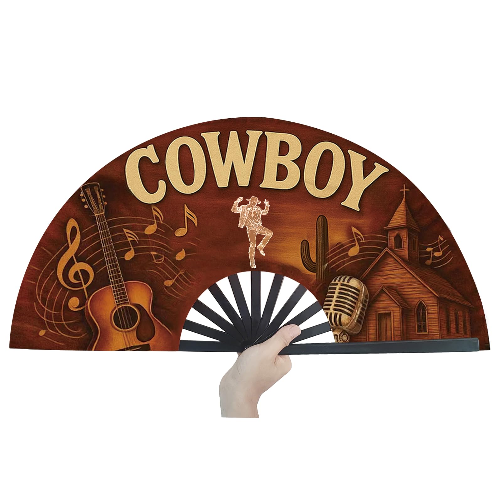 Cowboy Fans for Line Dancing, 13inch Large Hand-held Flat Fan Western Style Popping Fan for Party, Festival, Club, Dancing