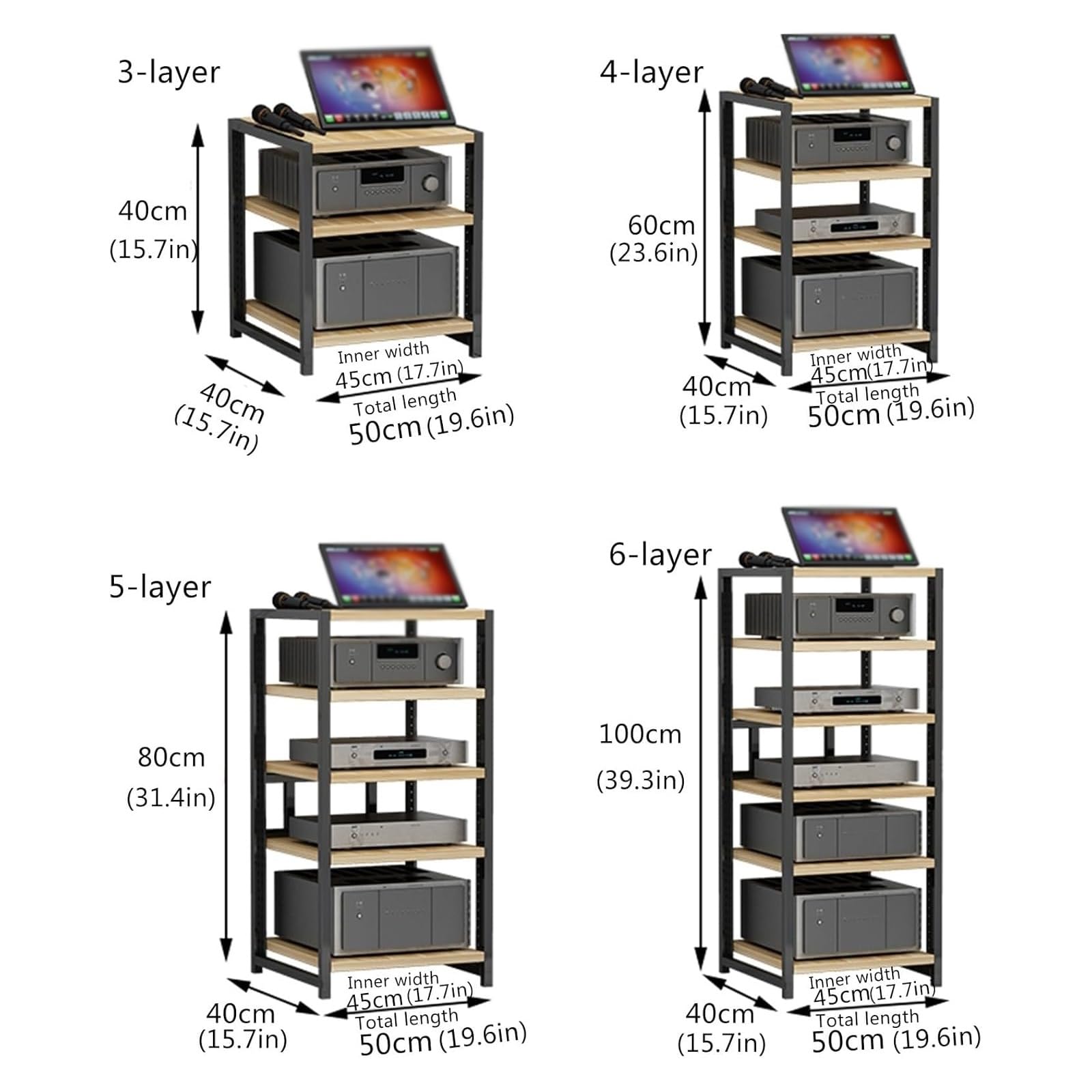 Étagère pour matériel Audio (Disponible en 3/4/5/6 Niveaux) — Support pour Enceintes stéréo, Support pour équipements Audio, Meuble Audio Ouvert(Black,6 Layer)