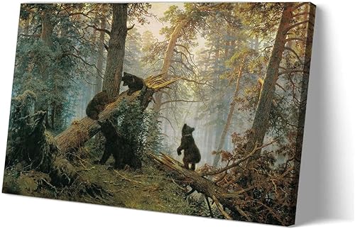 Lienzo enmarcado con diseño de oso negro, estilo retro, mañana, en un bosque de pinos, arte de pared, realismo, vintage, decoración de sala de