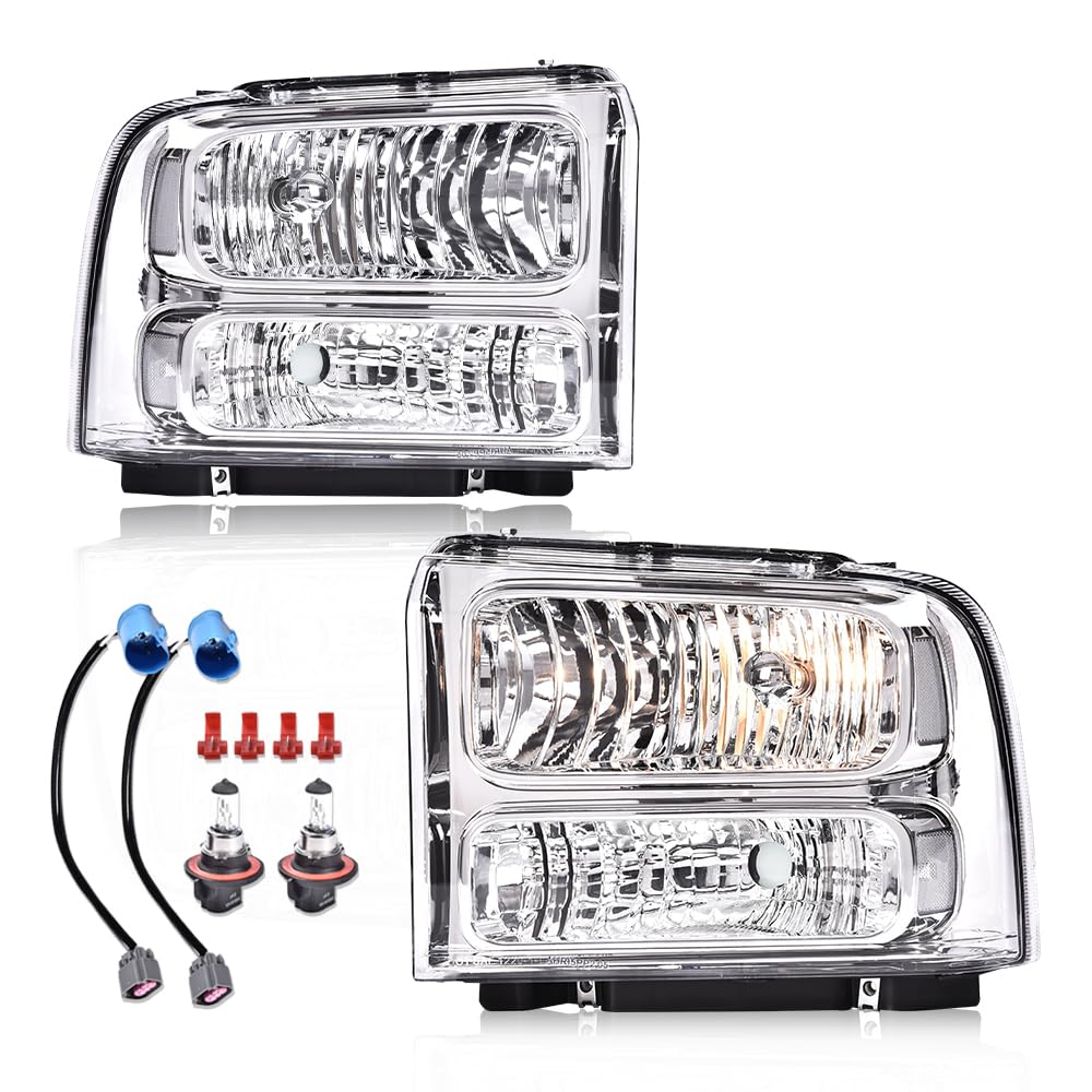 G-PLUS Headlights Compatible with Ford F250 F350 F450 F550 Super Duty 1999-2004 Truck Excursion Conversion Clear Lens Chrome Housing Clear