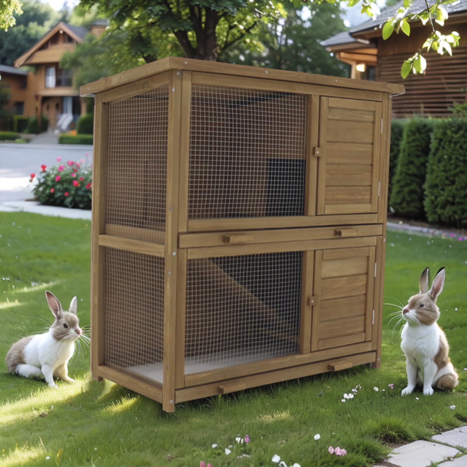 Conejera de 2 pisos, 91,5 x 91,8 x 40,3 cm, madera con rejilla