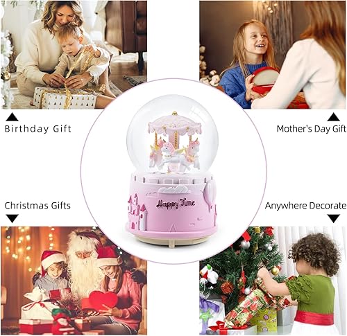 Miniatura 7 de Globo de nieve musical de unicornio para niños y niñas, caja de música con 7 luces LED con purpurina para cumpleaños, San Valentín