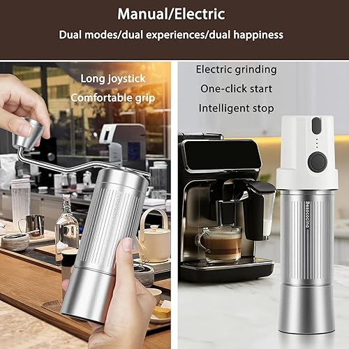 Miniatura 2 de Molinillo de café eléctrico y manual 2 en 1, molinillo de granos de café recargable por USB con rebabas de 1.575 in, molinillo de metal portátil