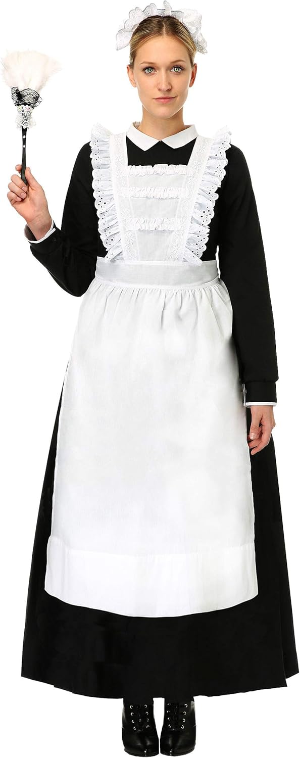 Traditional Maid Costume For Adults | Includes Black Dress With White Collar And Back Zipper, Apron, And Bonnet
