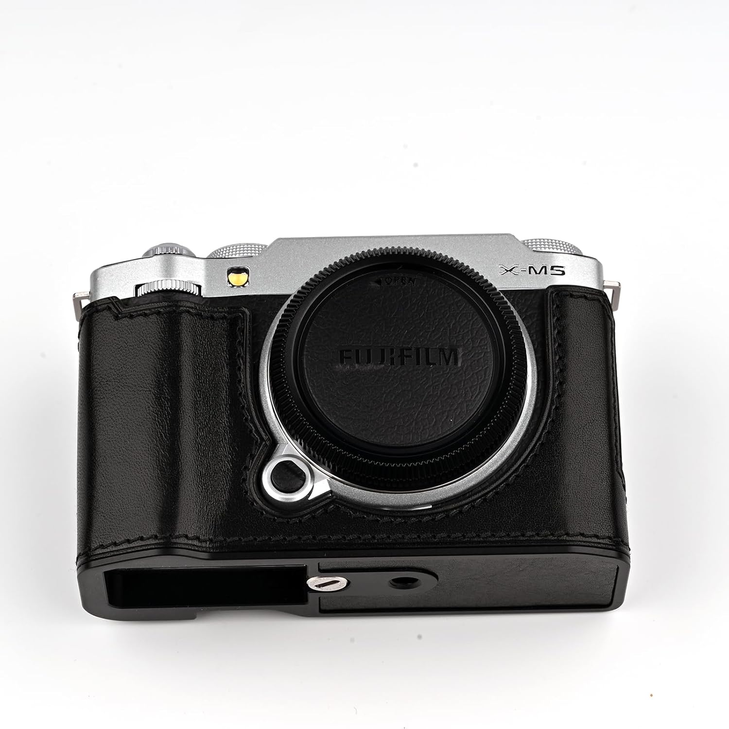 Handmade Genuine Leather Camera Half Case for Fujifilm X-M5/Fujifilm X-M5 Camera Case/Fujifilm X-M5 Case - Top Layer Cowhide Body + Metal Base Plate (Jet Black)