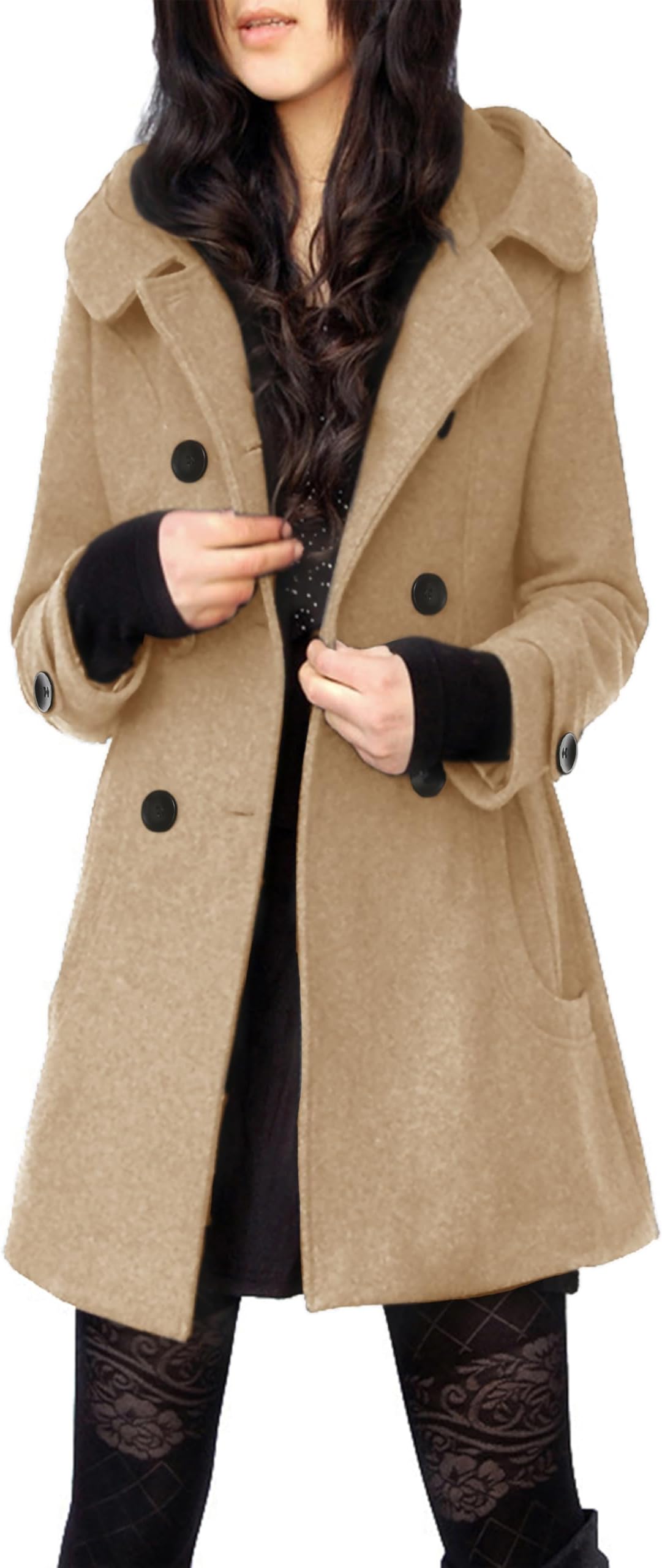 Tanming Women's Warm Double Breasted Wool Pea Coat Trench Coat Jacket with Hood