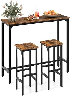 COSTWAY 3-Piece Industrial Bar Table Set for 2, Counter Height Pub Table with 2 Stools, Kitchen Breakfast Table Set with Metal Frame, Dining Table Set for Home Restaurant, Rustic Brown