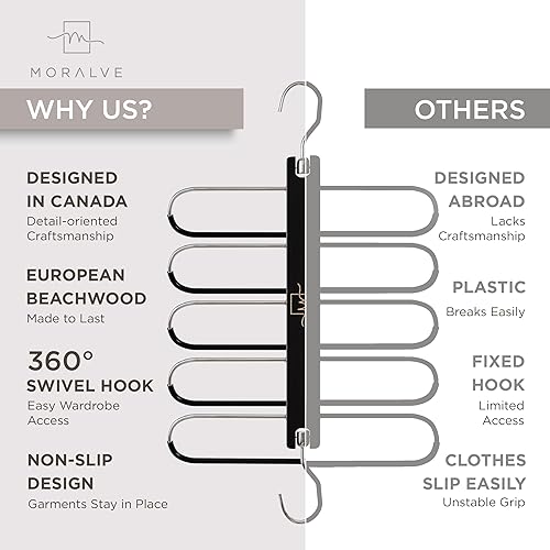 Miniatura 5 de MORALVE Perchas para pantalones que ahorran espacio  Perchas europeas de madera de haya y jeans  Organizador de armario y estante para pantalones