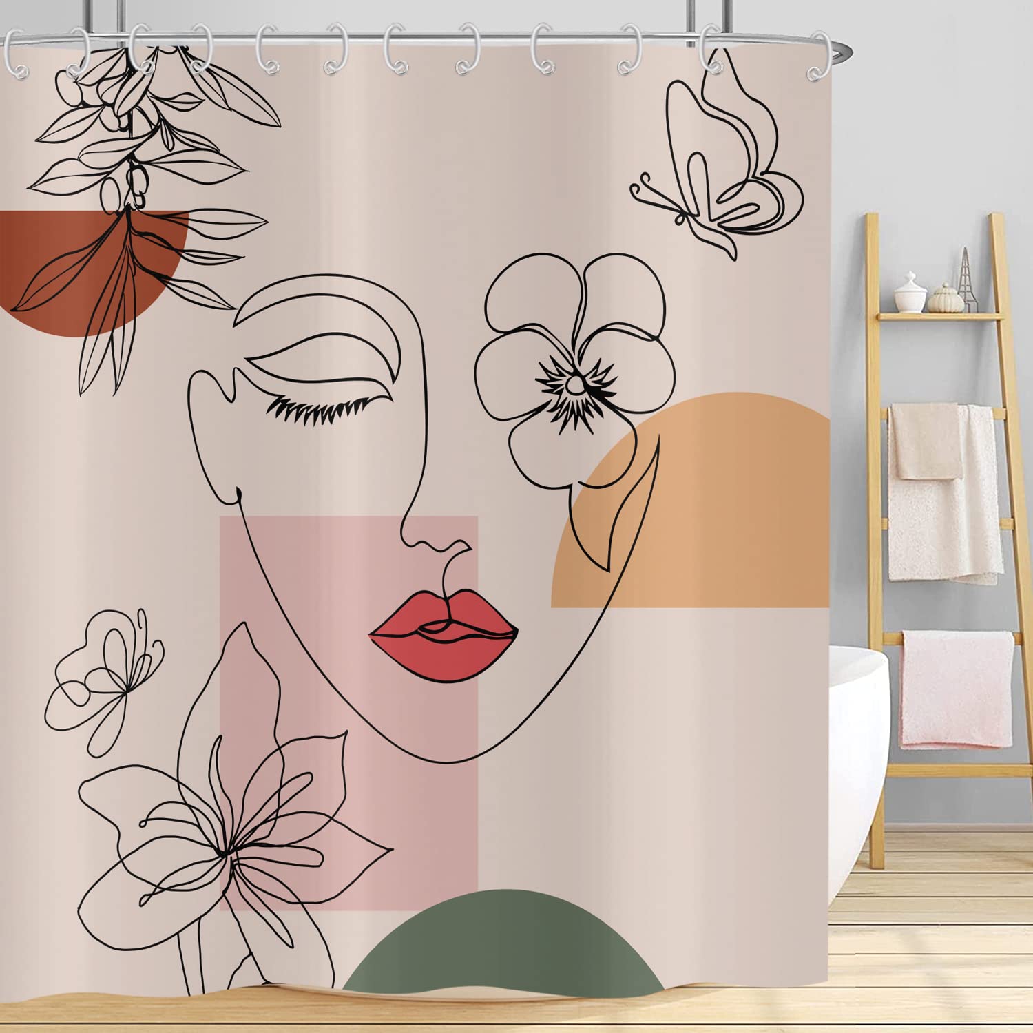 Abstract Woman Shower Curtain 165x180, Hnmdmyi Boho Mid Century Bathroom Curtains Minimalist Modern Flower Plant Terracotta Aesthetic Girl Waterproof Polyester Fabric Washable Bath Curtains with Hooks