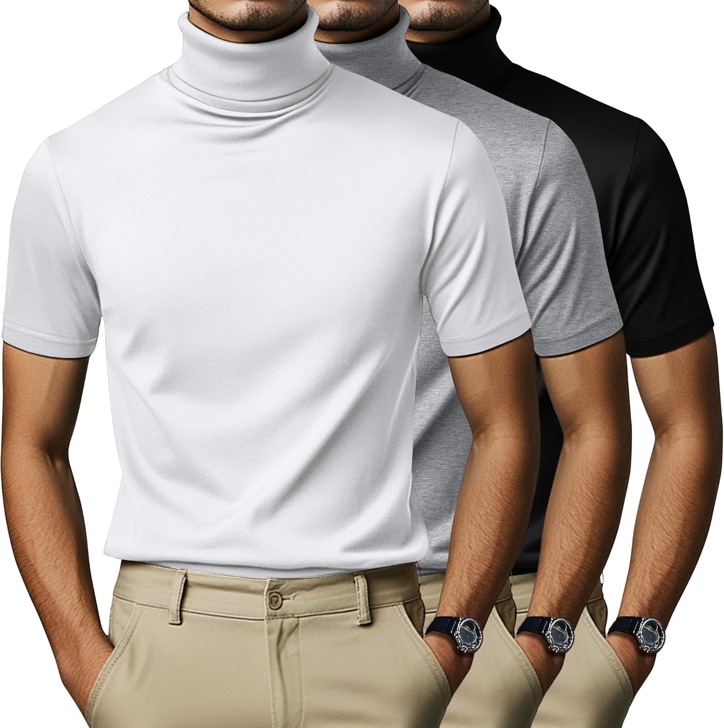 3 Pack Men's Turtleneck T Shirts, Short Sleeve Mock Neck Casual Undershirt Summer Slim Fit Basic Pullover Tops