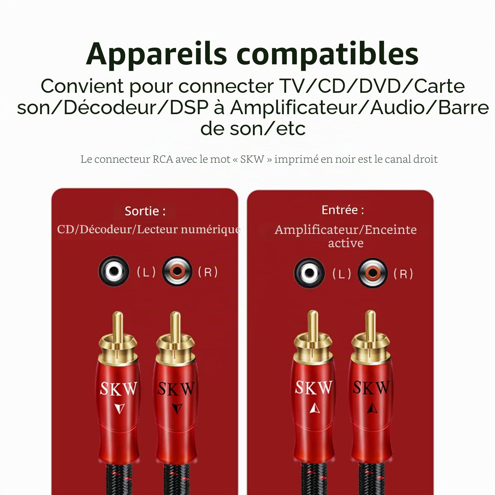 SKW Câble audio RCA, cuivre OFC - double blindage 2RCA mâle vers 2RCA mâle - câble audio stéréo analogique pour CD, DVD, amplificateur, carte son, décodeur, barre de son (5M, rouge)
