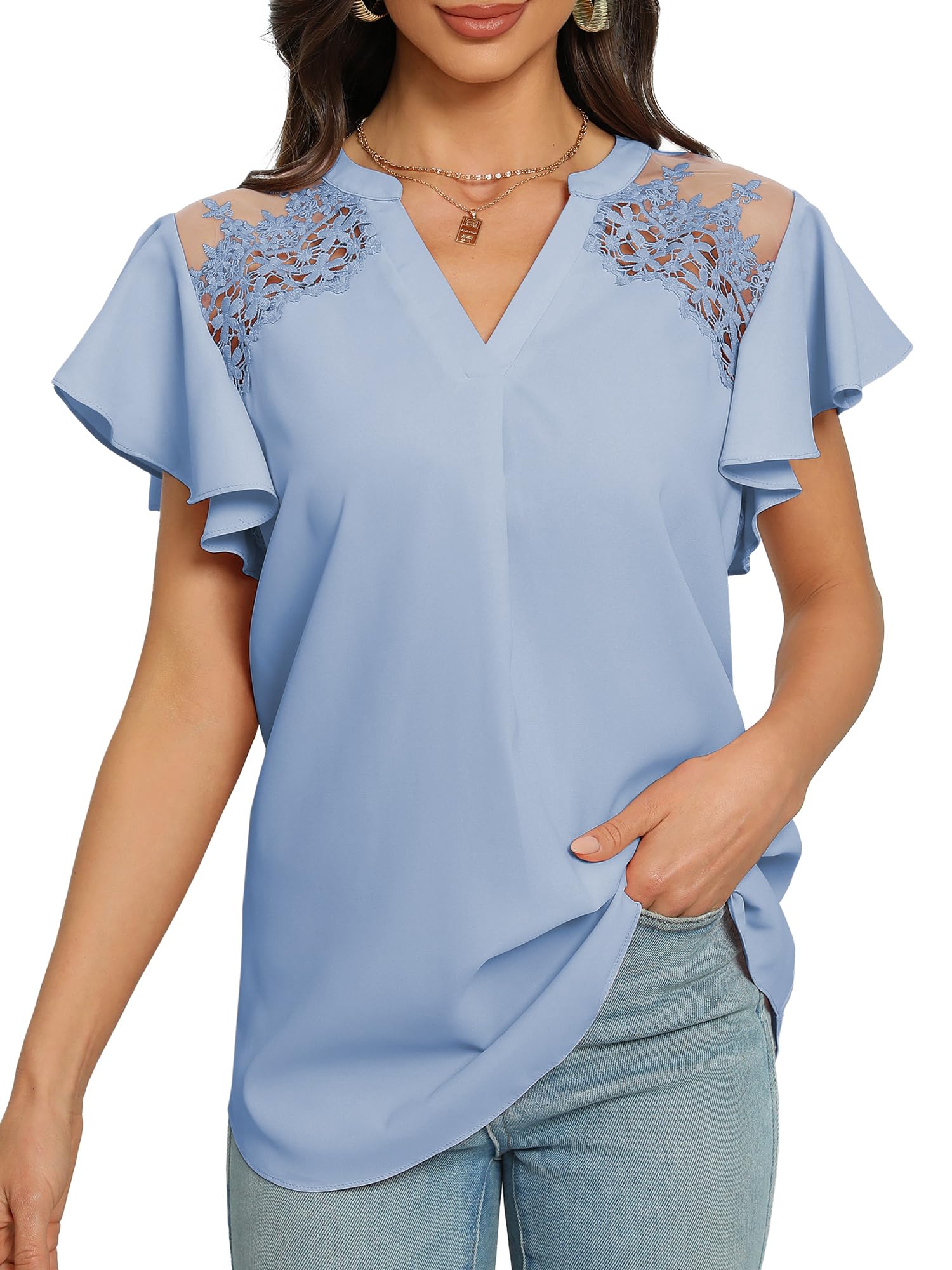 Binshre Womens Business Work Tops Elegant Notch V Neck Ruffle Short Sleeve Tops Solid Color Dressy Blouses