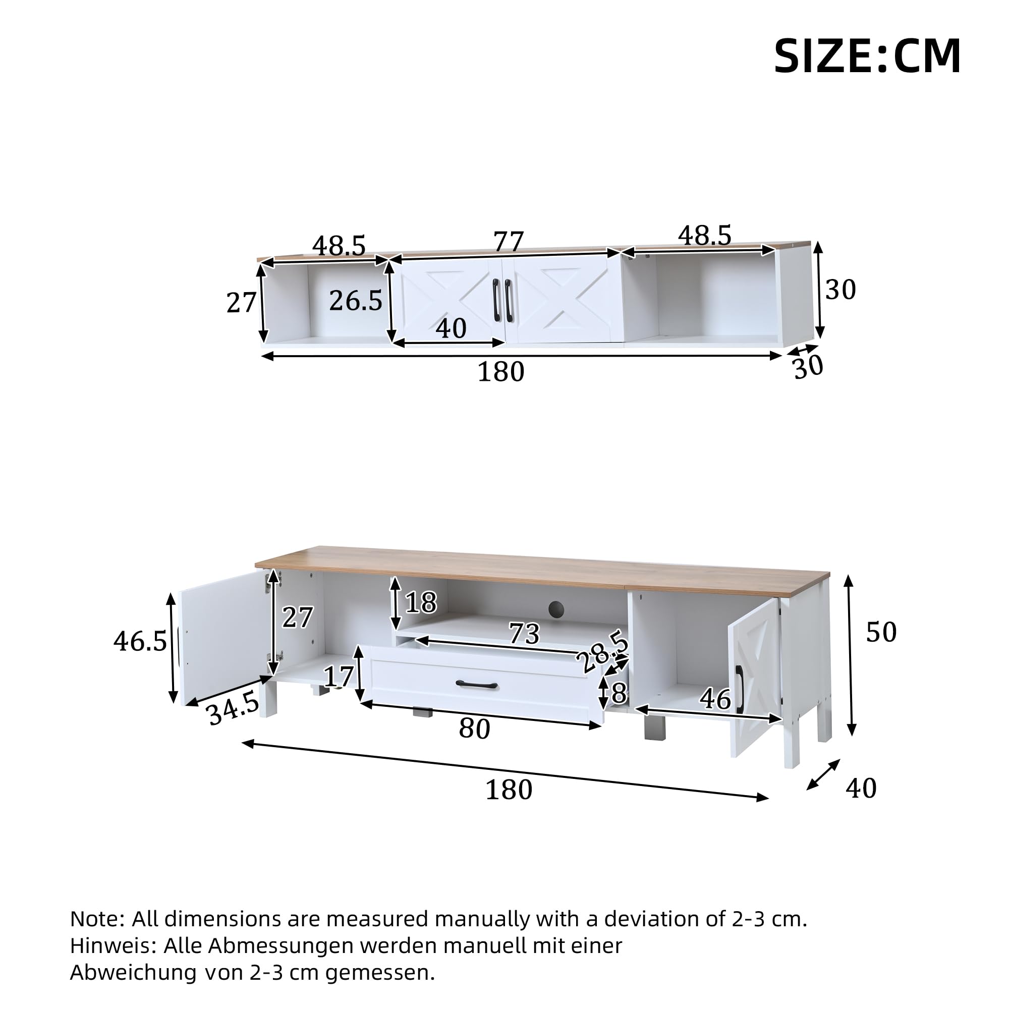Set da parete per TV da 180 x 40 x 50 cm (set completo, 2 pezzi), supporto per TV + vetrina sospesa, set da parete multimediale, con 4 armadi e 1 cassetto, set per TV fino a 80", bianco