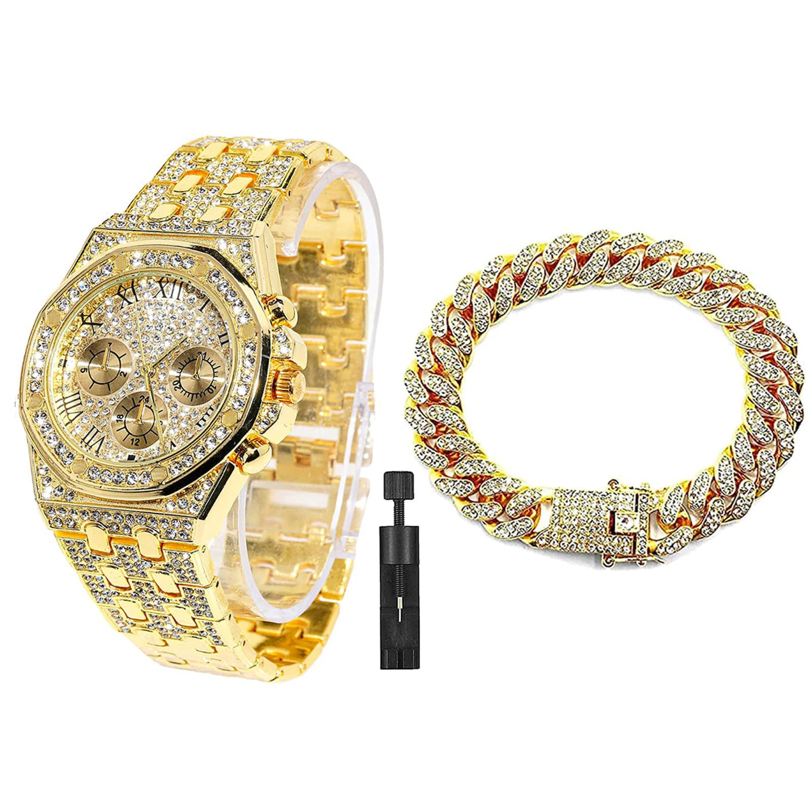 ApzzicDiamond Iced Out Watch CZ Gold Plated 40mm Width Roman Numerals Dial Quartz Wristband Watch for Men Women