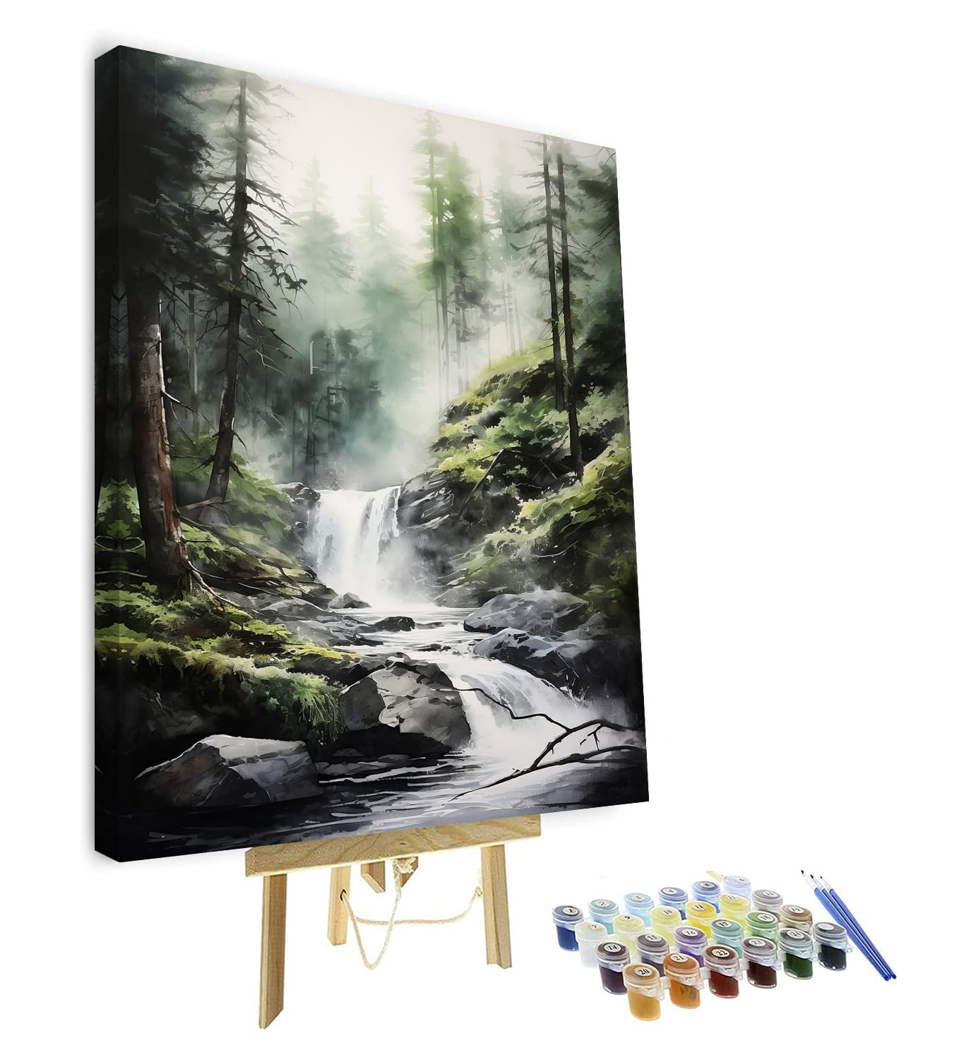 TISHIRON Paint by Numbers for Adults Waterfall in The Woods Adults' Paint by Number Kits Misty Forest Landscape Art Painting Kits with Brushes Oil Painting Art Crafts Framed 16x20 in