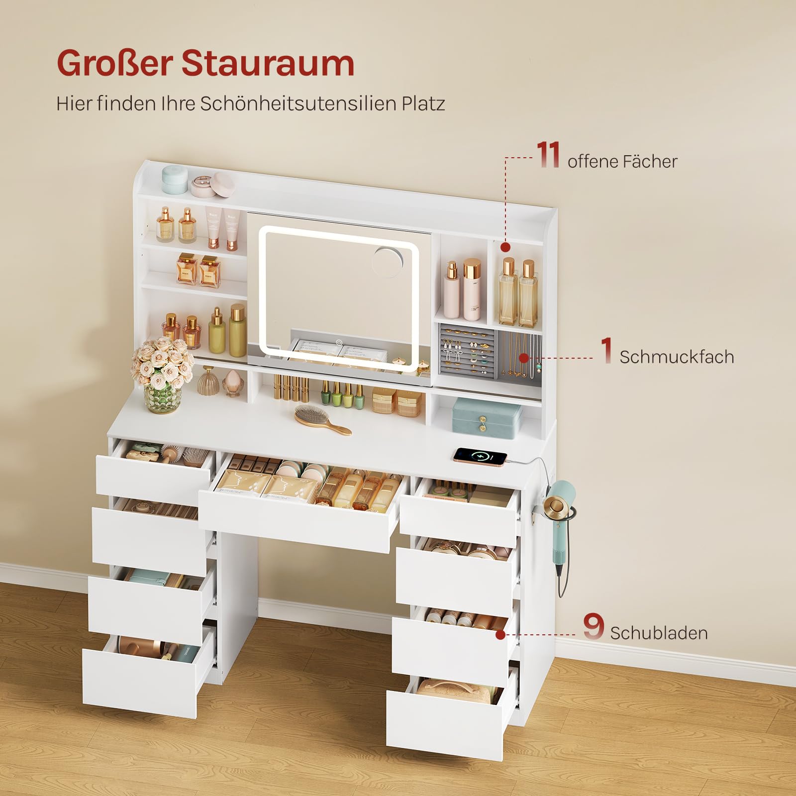 WOLTU Schminktisch mit LED-Beleuchtung und Steckdose, einstellbare Helligkeit, Großer Schminktisch mit Verschiebbarer Spiegel, 9 Schubladen, 11 Ablagen, 1 Schmuckfach, für Schlafzimmer, Holz, Weiß