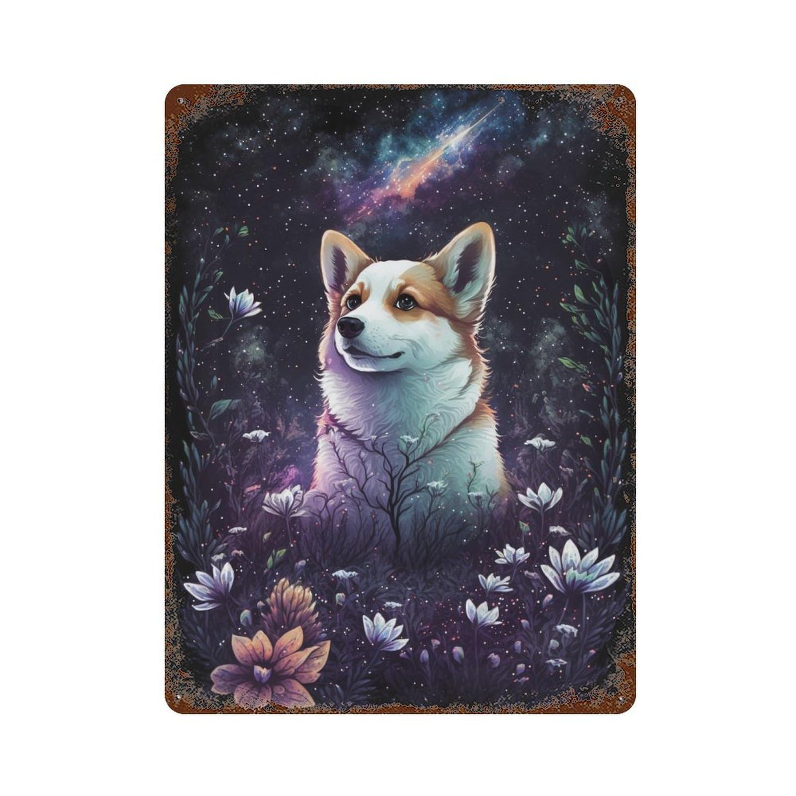 Starry Night Corgi Garden Weathered Tin Sign 15.7"x11.8", for Basement, Hobby Room And Garage Decor, Rustic Home Decor