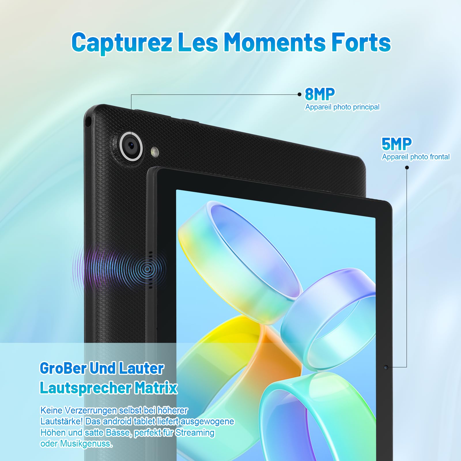 Tablet 10 Zoll Android Octa-Core 8GB RAM 64GB ROM (1TB TF) 1280x800 IPS Pantalla táctil GMS-zertifizierter 5000mAh Tablet PC WiFi 6 Bluetooth 5.4 Widevine L1 Dual-Kamera