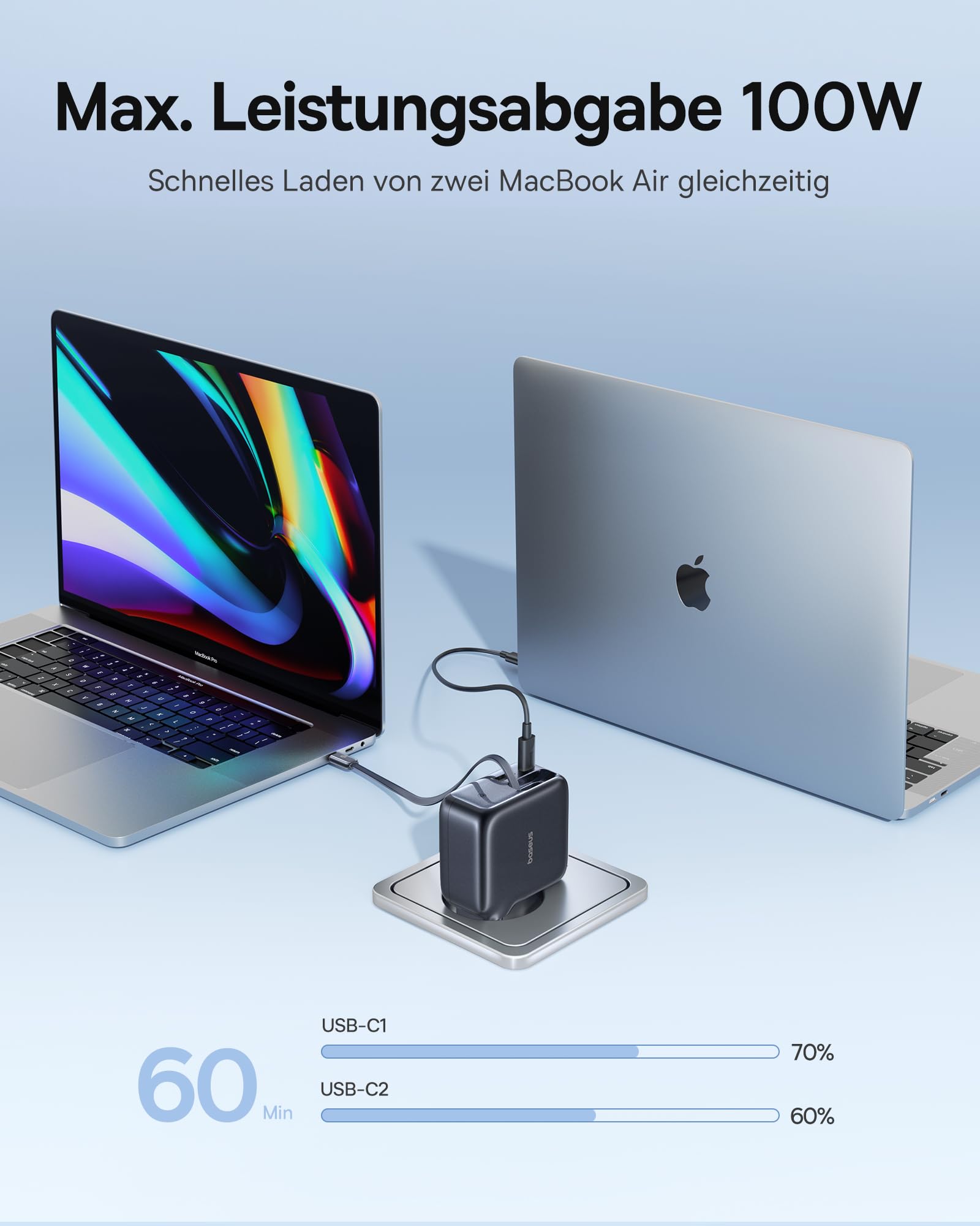 Baseus Enercore USB C Ladegerät 100W mit Ausziehbaren Kabel, 3 Ports GaN Netzteil, PD Schnellladegerät kompatibel mit MacBook Pro Air, Dell, HP, iPad, iPhone 17/16/15/14/13Pro Max Galaxy S25/24Ultra