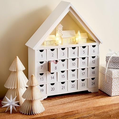 Miniatura 5 de Calendario de Adviento de madera con cajones, calendario de Adviento reutilizable de 16 pulgadas con luces, aldea de Navidad blanca, funciona con