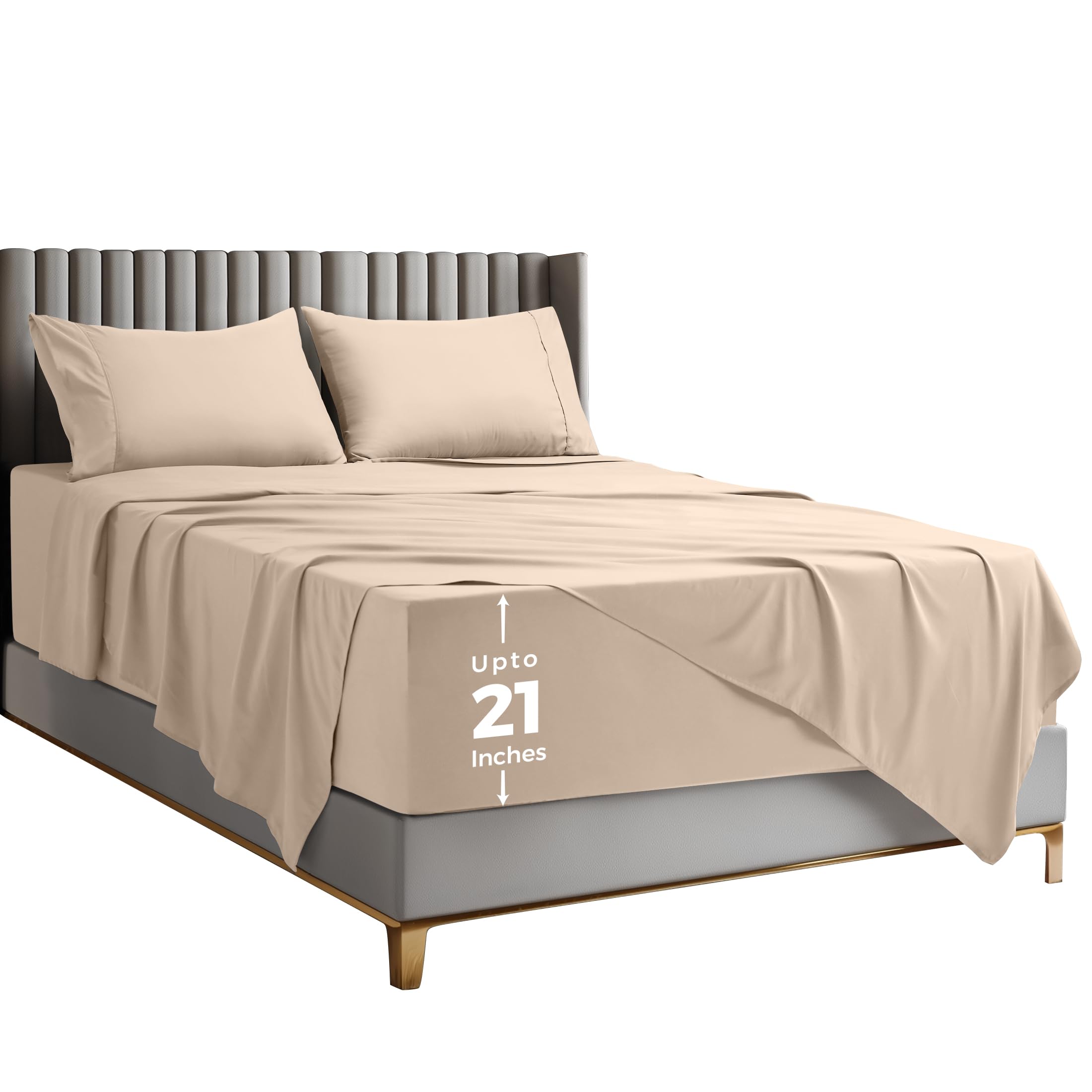 Utopia Bedding Deep Pocket Queen Sheet Set – Fits Mattresses Up to 21 inches – Cooling, Soft & Breathable – Oeko-TEX 4 Piece Bed Sheets (Beige)