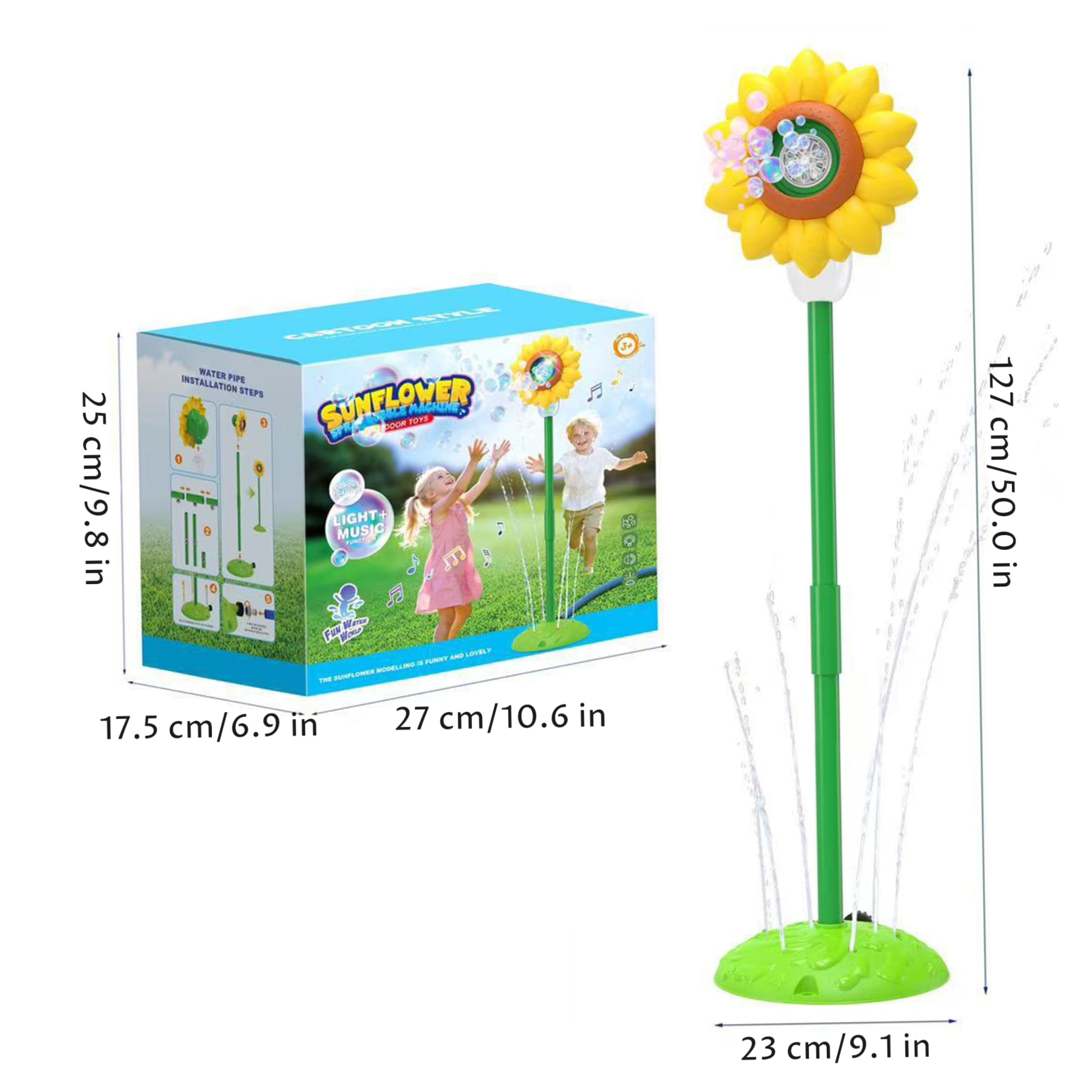 Máquina automática de Burbujas, antorcha de Burbujas de pie de Girasol con rociador, Luces y música, Fabricante Amarillo al Aire Libre para Fiestas en el jardín de niños