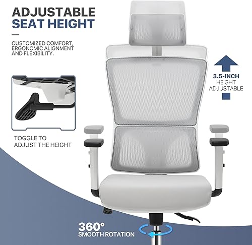 Miniatura 6 de MoNiBloom Silla de oficina ergonómica con respaldo alto, silla giratoria con reposacabezas y brazos ajustables, soporte lumbar y función de