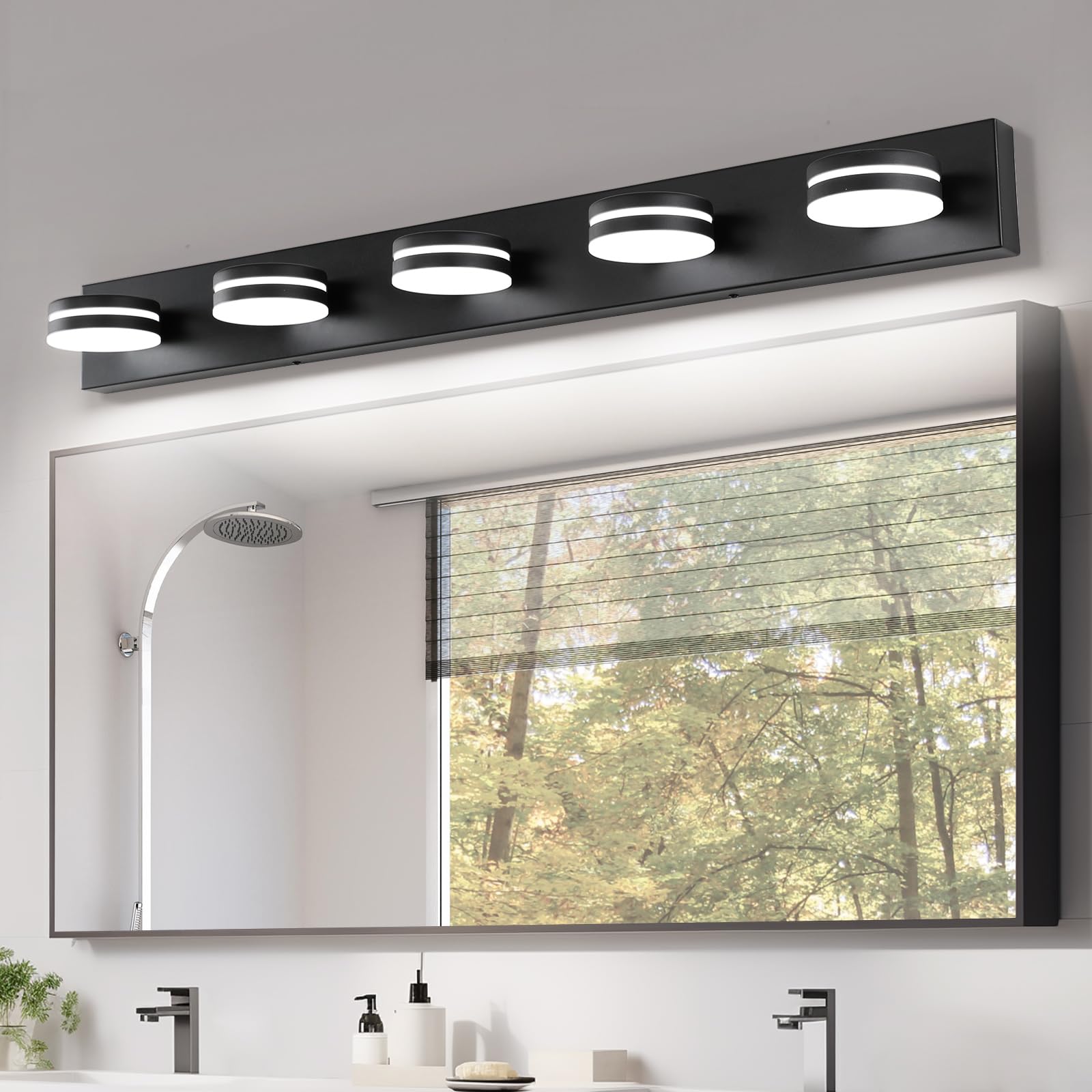 Moderne Badezimmer-Wandleuchte mit 5 Leuchten, 30 W LED, Schwarzlicht, über Spiegel, dimmbar, Wandleuchte mit drehbarem Kopf, Acryl-Schirme Bett-Weiß – stilvolle Badezimmerbeleuchtung