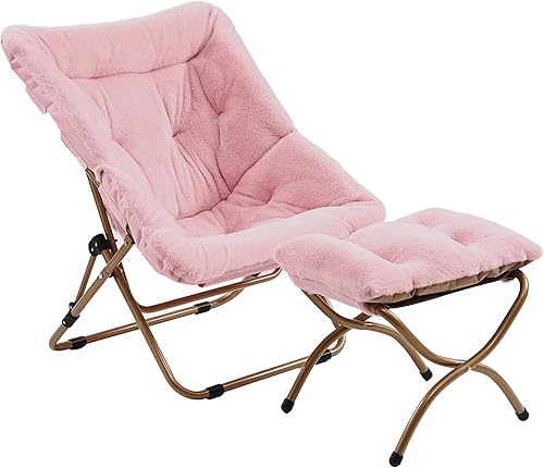 Cómoda silla plegable con otomana, silla plegable de piel sintética de gran tamaño, silla suave y peluda con marco de metal, silla de luna para