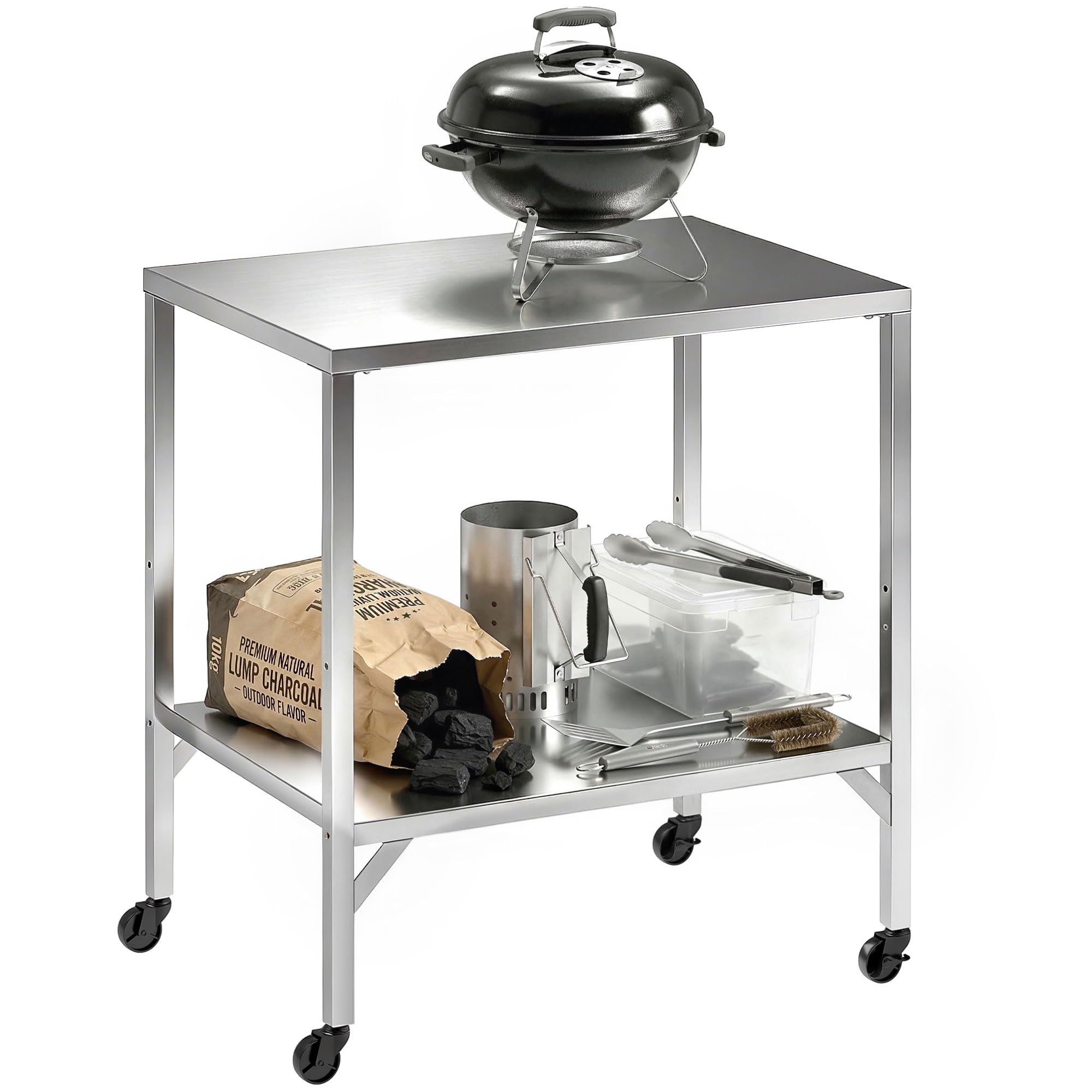 Outsunny Chariot de Barbecue en Acier Inoxydable - Table de Préparation Extérieur de 85x60cm avec Plan de Travail et roulettes - Desserte de Jardin Stable pour Four à Pizza et Grill, Argenté