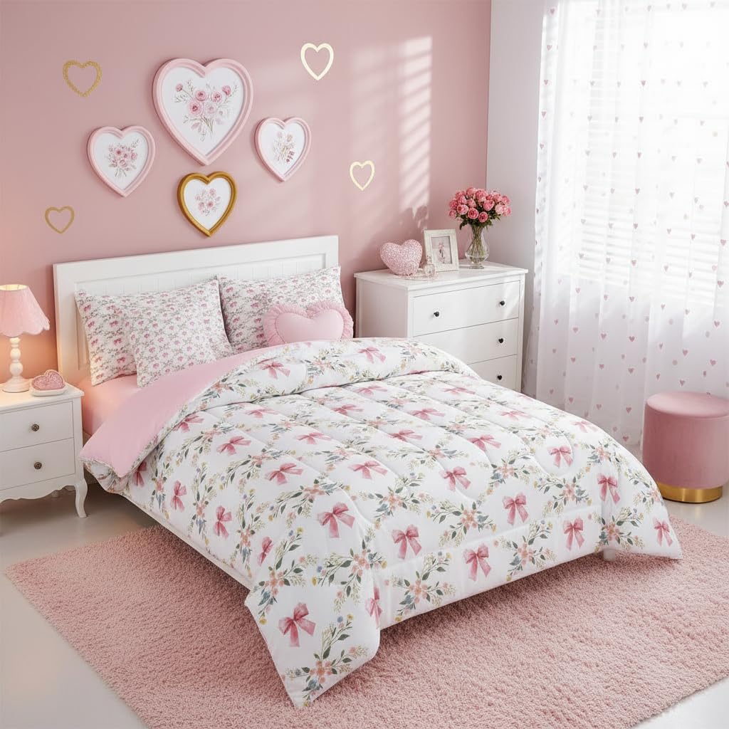 Erosebridal Pink Bow 7 Piece Comforter Set Twin Garden Abstract Blooming 7 Piece Bed in a Bag Coquette Bow Grid Plaid Fitted Sheet Breathable Lightweight Dreamy Princess Style Sheet Set