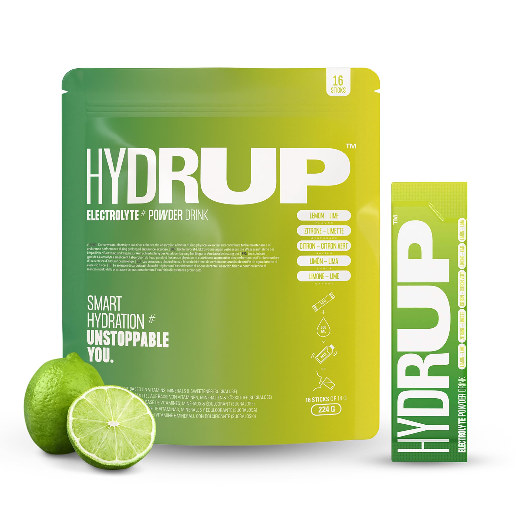 HYDRUP Electrolitos en Polvo 1733 mg - Hidratación Rápida y Energía al Instante, Sales Minerales con Vitaminas B y C para Deporte, Sabor Lima Limón, 16 Sobres Sin Gluten ni Lactosa