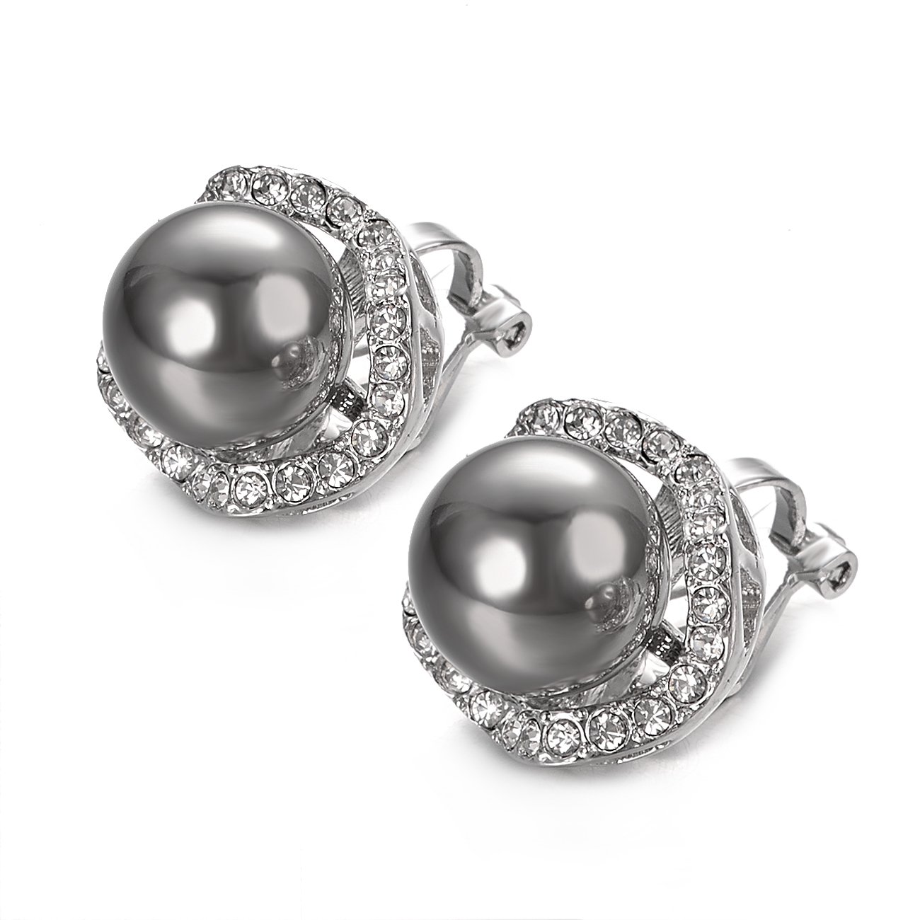 VOGEM Grey Pearl Earrings 18K Silver Plated CZ Halo & Synthetic Pearls Clip On Earring For Women