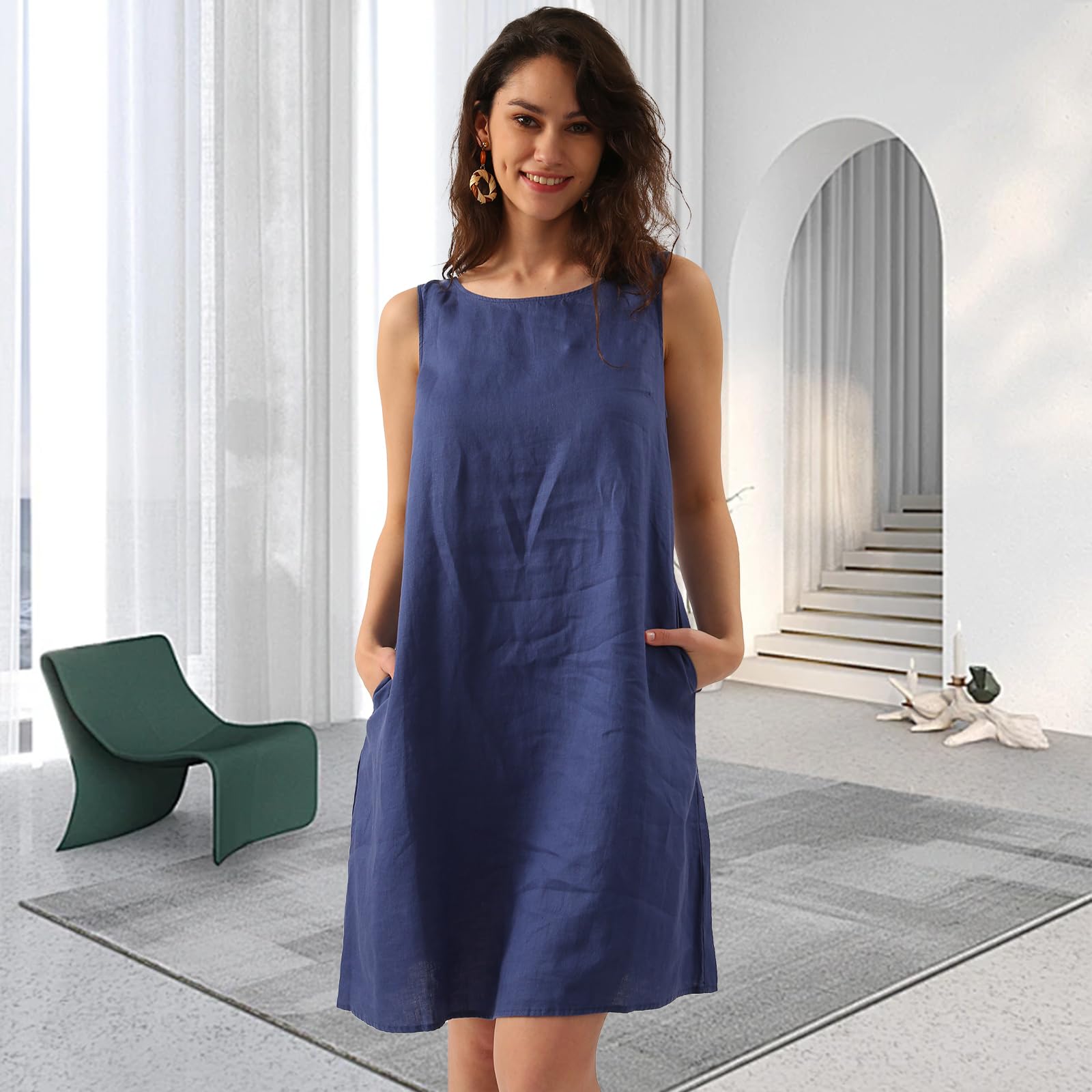 Amazhiyu Abito da donna, senza maniche, estivo, da spiaggia, lunghezza al ginocchio, girocollo, con tasche