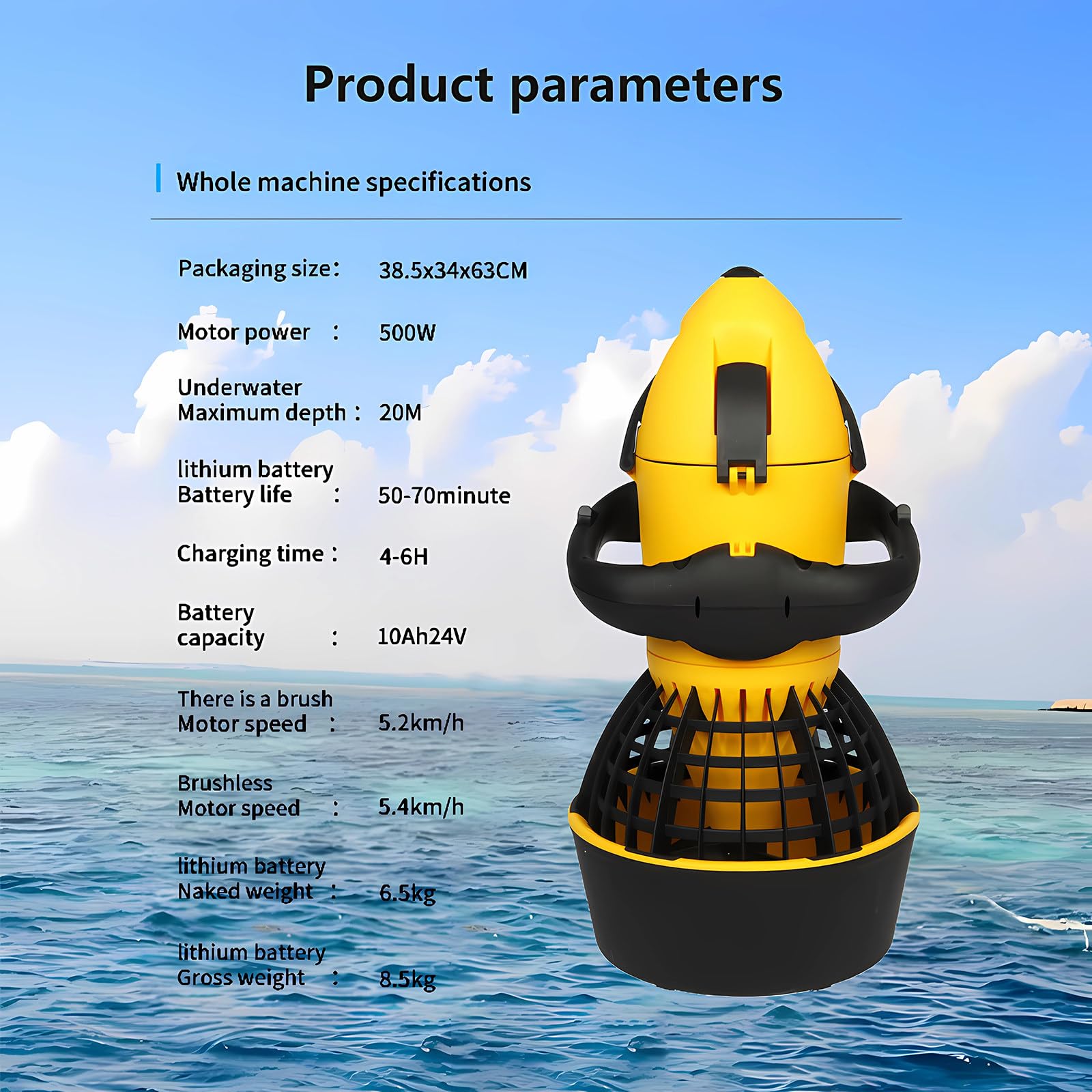 Monopattino subacqueo portatile, motore spazzolato da 500 W, propulsore subacqueo, leggero e facile da trasportare, attrezzatura di propulsione subacquea per spiaggia