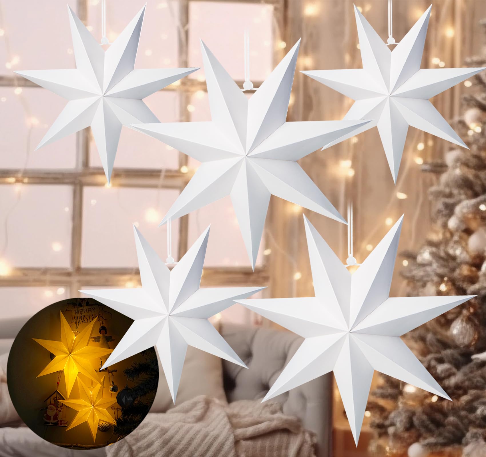 Christmas Paper Star Lanterns Frosted White, 7-Pointed Hanging Paper Lanterns 3 * 30cm+2 * 40cm, Scandinavian Ceiling Lampshade Hanging Ornaments for Wedding Birthday Xmas Holiday Home Party