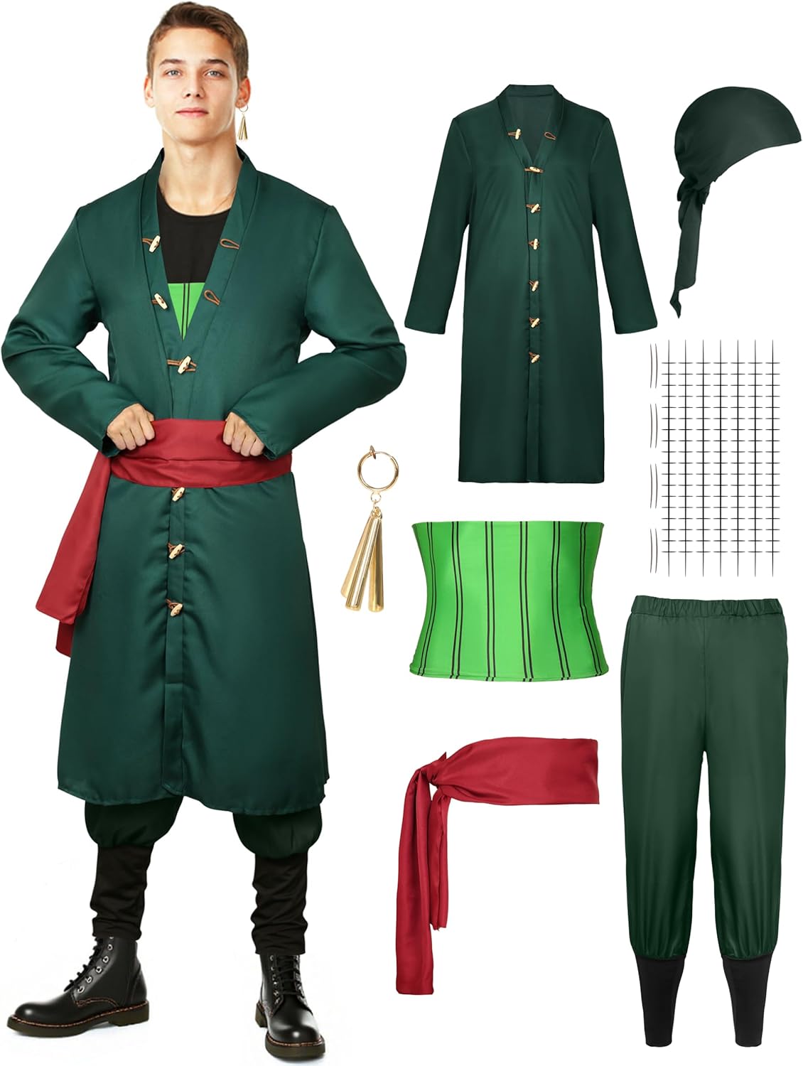 Angelaicos Adult Dark Green Costume with Accessories Anime Character Cosplay Halloween Costume for Men Full Set