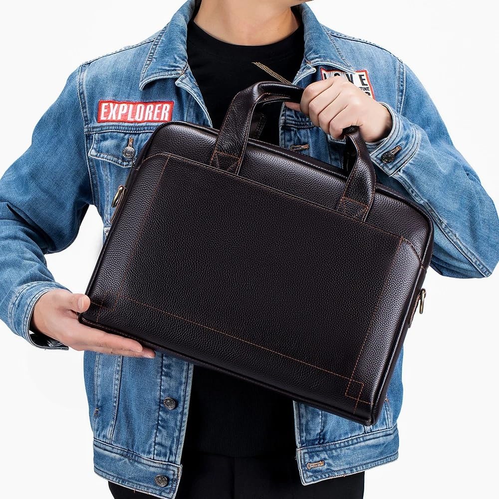 Borsa uomo pelle vacchetta grana fine, tracolla ufficio per laptop | Valigetta da lavoro impermeabile a tracolla, borsa multifunzionale per spostamenti quotidiani