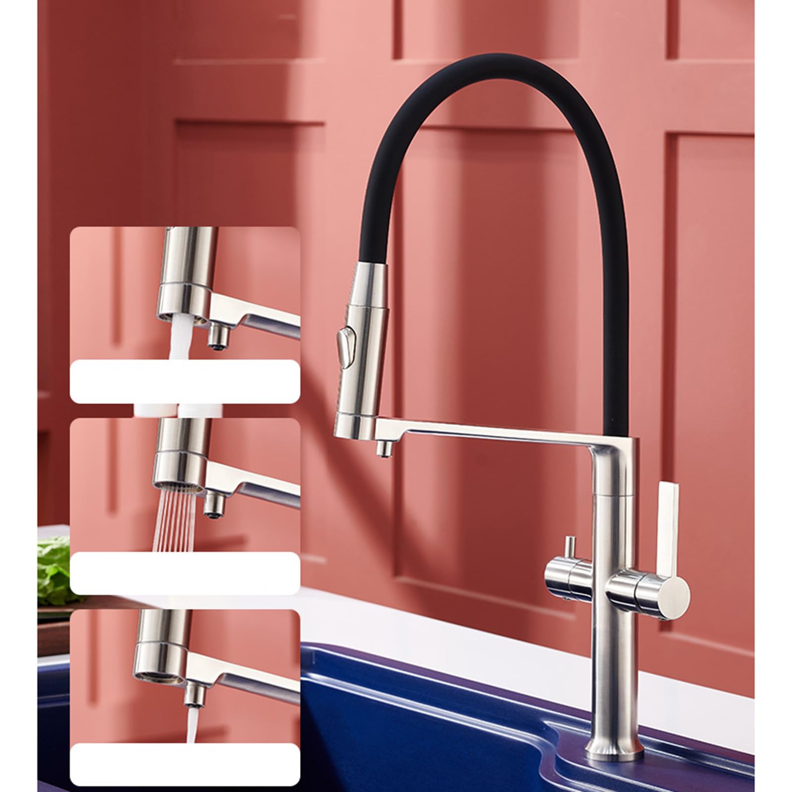 Grifo Cocina 3 Vias Osmosis Flexible Rotación Agua Pura Grifo Cocina Fregadero 3 Vias Acero Inoxidable-Gris