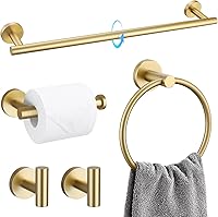 TQKAG Brushed Gold 5-Piece Bathroom Hardware Set - 23.6" SUS304 Stainless Steel Towel Bar, Ring, Holder & Hooks, Rustproof