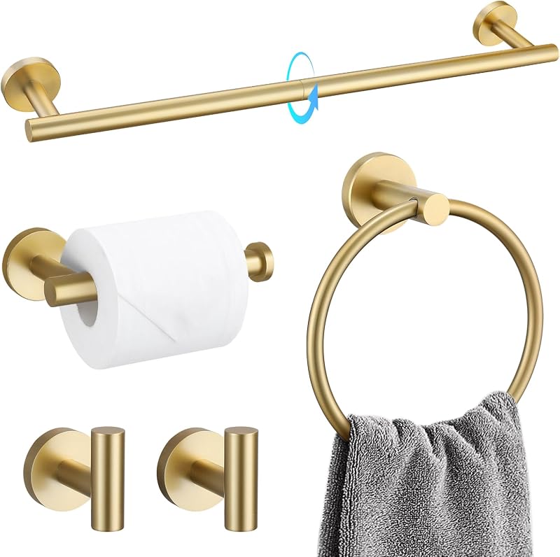 TQKAG Juego de accesorios de baño de 5 piezas Juego de accesorios de baño de oro cepillado Juego de barra de toalla de baño de 23,6 pulgadas Juego de toallero de acero inoxidable SUS304