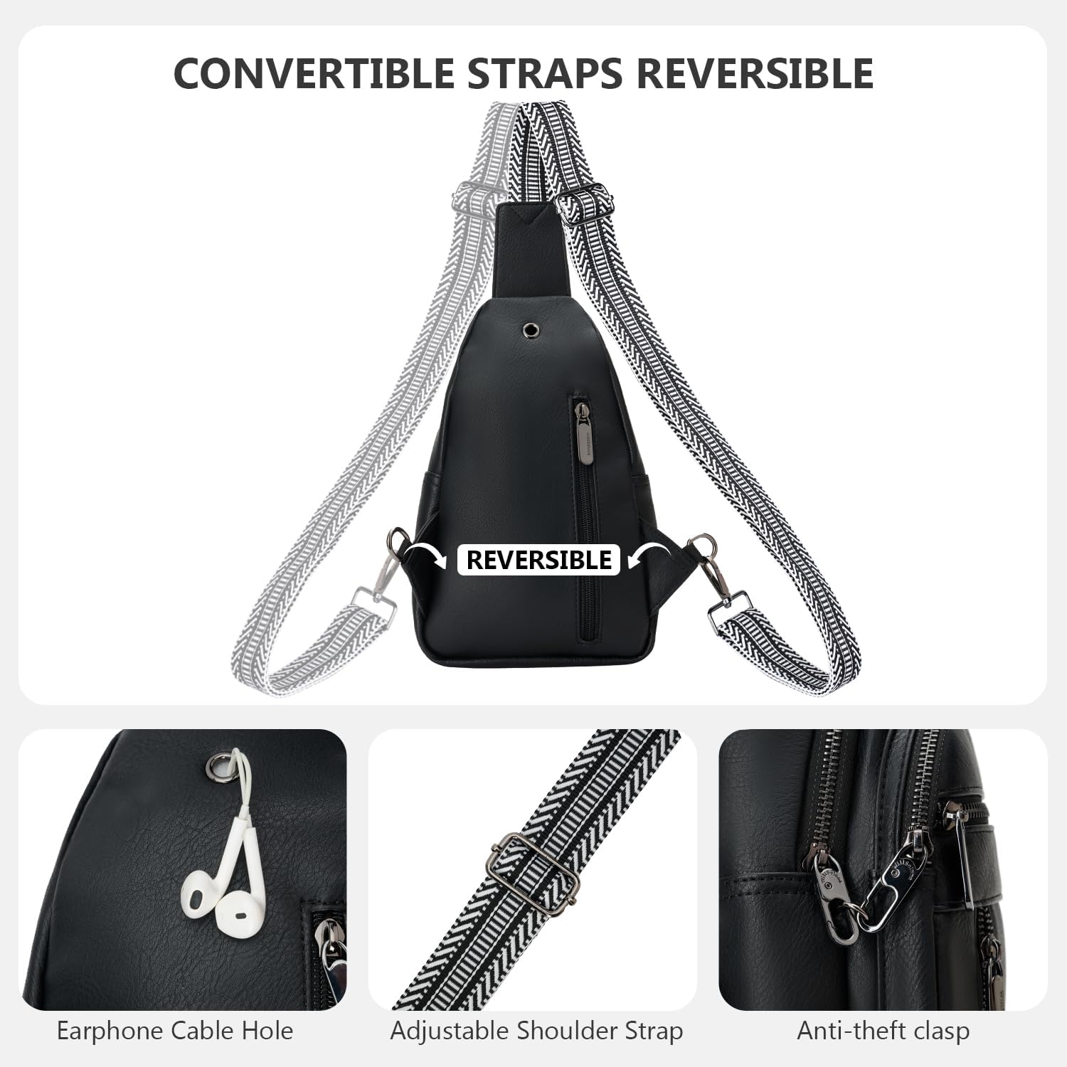 Anti-theft Sling Bag for Women, Crossbody Chest Bags, PU Leather Small Fanny Pack with Adjustable Strap, Black - Image 5