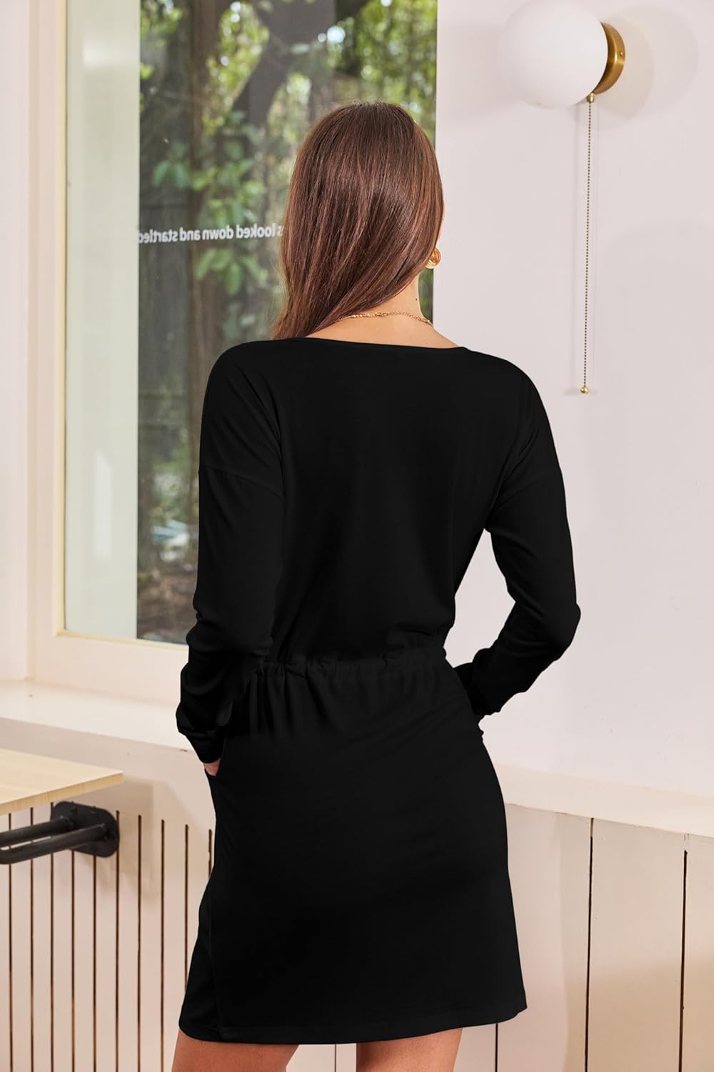 Women's Long Sleeve Dress V Neck Drastring Waist Casual Short Mini Dresses 2025 Trendy Fall Outfits - Image 6