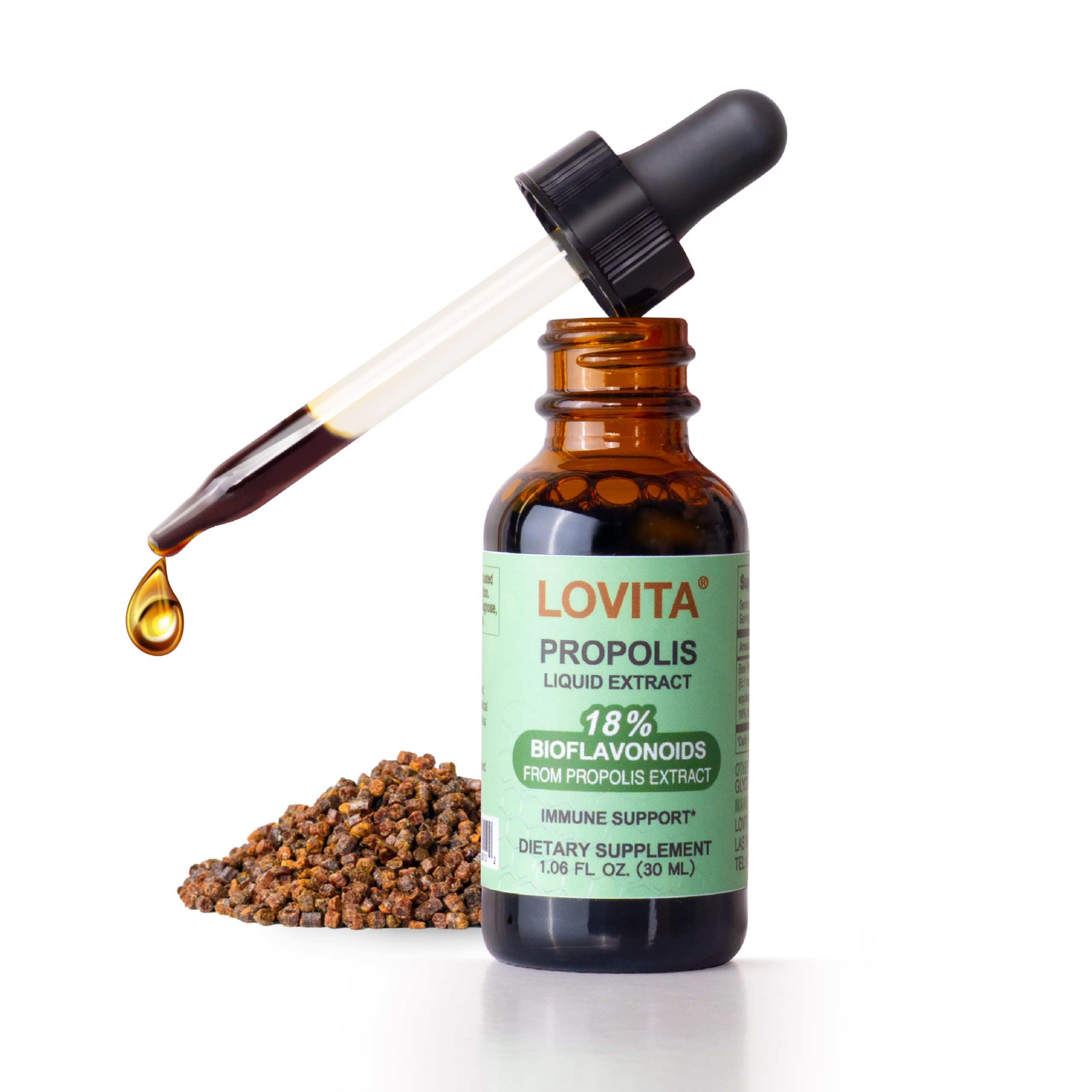 LOVITA Bee Propolis Liquid Extract 500mg, 5:1 Resin Drops with 18% Bioflavonoids, Alcohol-Free Antioxidant, Immune Support & Throat Soothing, Gluten-Free, Non-GMO, 1 Fl Oz (30 mL), 30 Day Supply