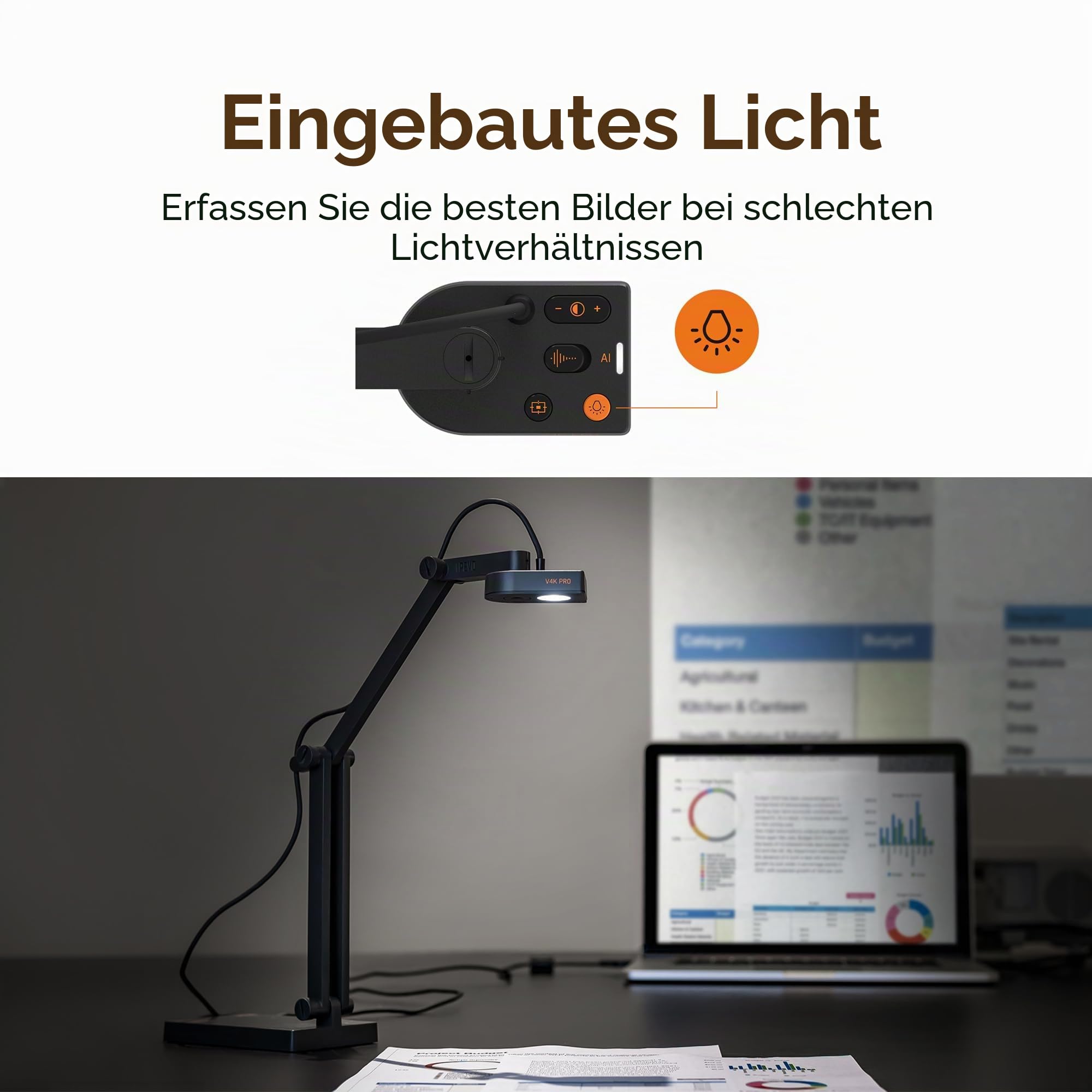 Ipevo V4K PRO 120 4K USB-Dokumentenkamera, 120-Grad-FOV-Objektiv, Sony CMOS-Sensor, schneller Autofokus, AI-Rauschunterdrückung, Webcam, USB-Plug-and-Play, Videokonferenzen, Streaming, Arbeit von zu