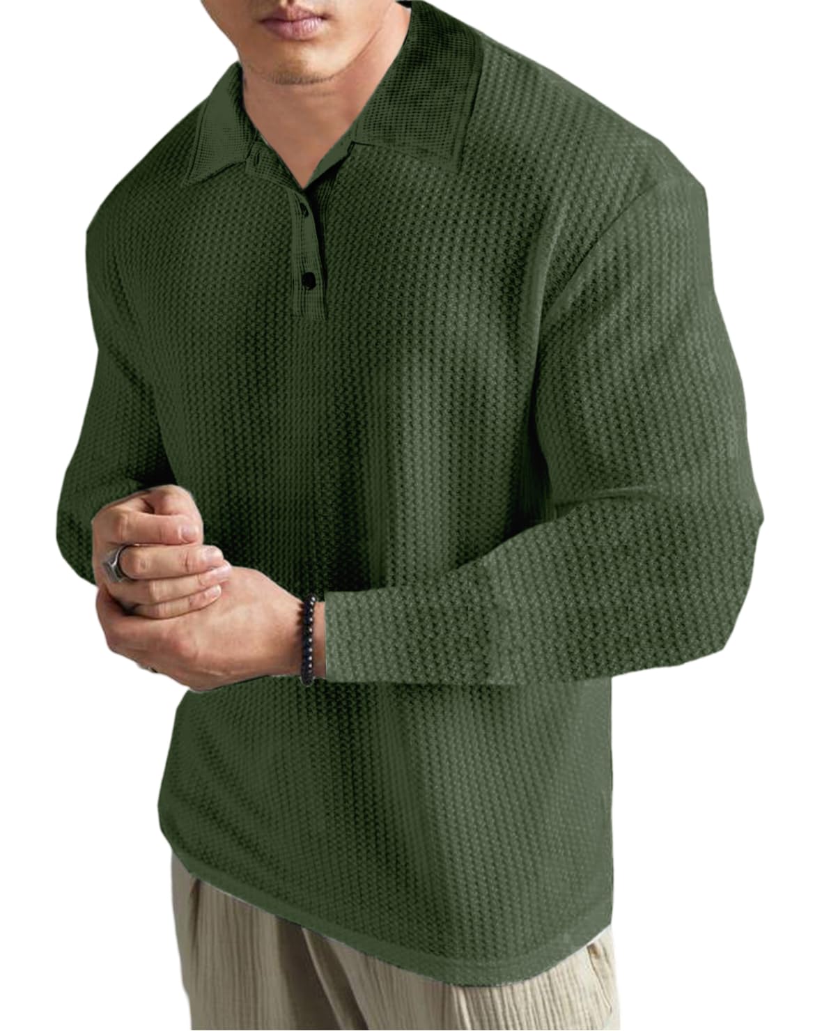 lewel Men's Stylish Polo Neck Full Sleeve Textured T-Shirt (Olive Green)-picture-12